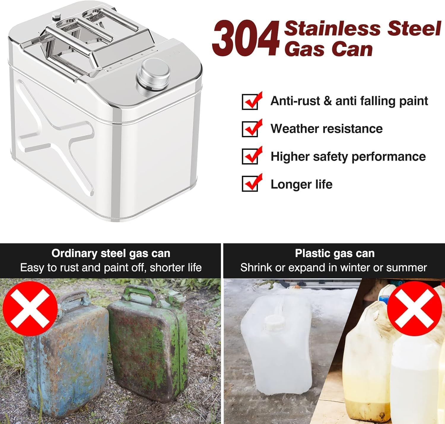 Ariv Hommey 20L Jerry Can Horizontal,304 Stainless Steel Petrol Fuel Tank W/Built-In Spout,Portable Heavy Duty Diesel Containers Storage Car Motorcycle image number 6