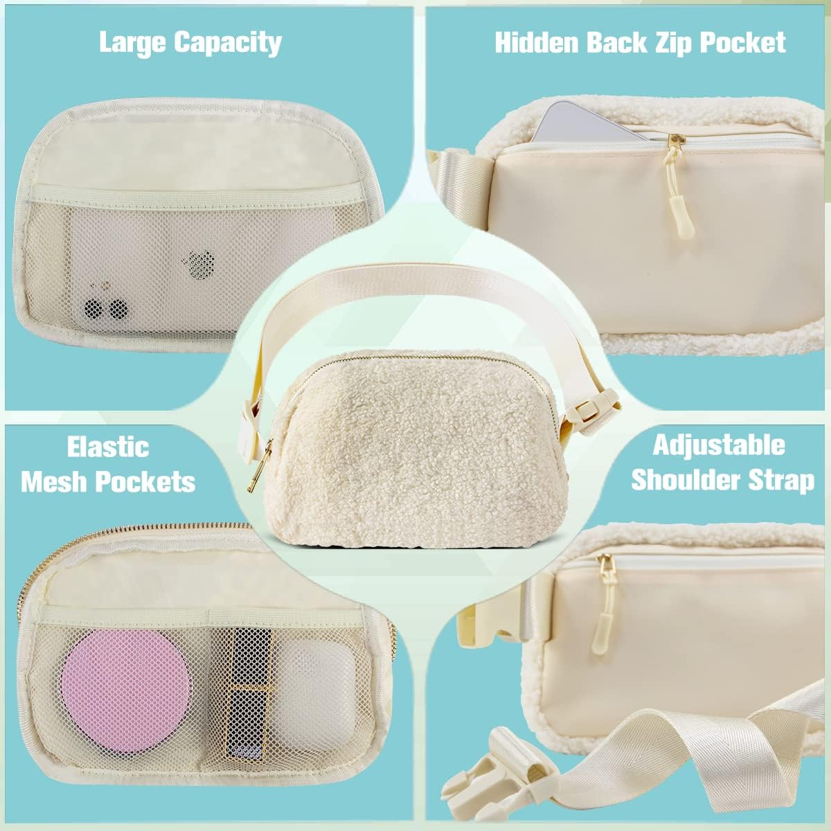 TDIFFUN Fanny Packs for Women Men, Fashion Waist Pack Small Belt Bag with Adjustable Strap for Running, Travel and Hiking, Fleece Cream, Small