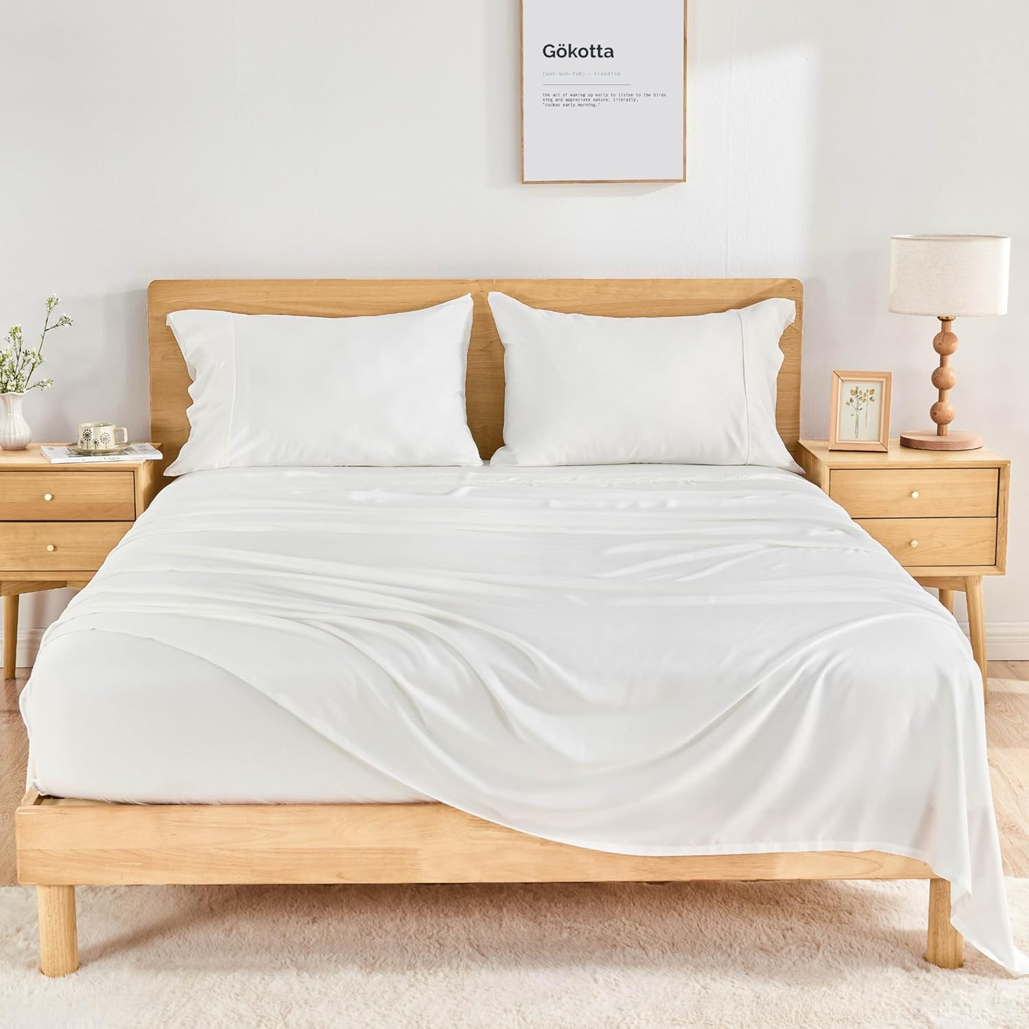 GOKOTTA Cooling Sheets King Size for Hot Sleeper, Breathable Luxury Soft Bamboo Sheets with 4 Elastic Corner Straps, 16 Inch Pocket, Bed Sheets with Double Stitched (Bright White, King) image number 7