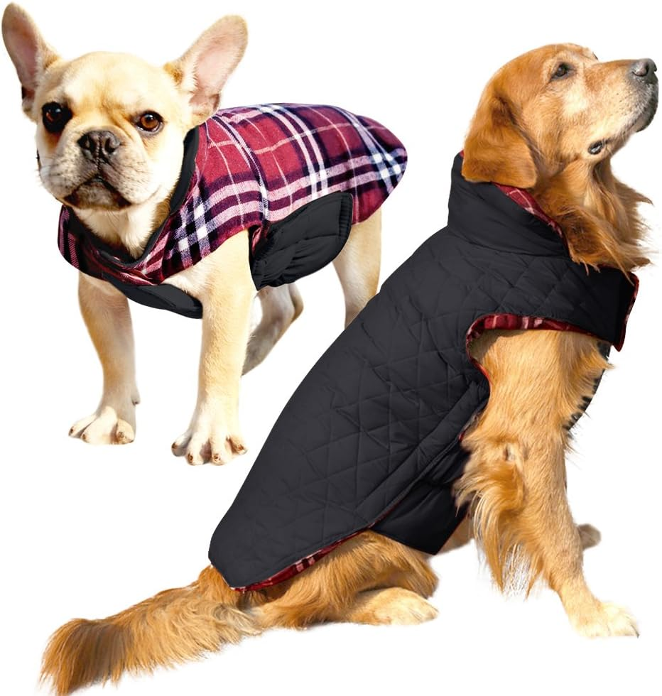 Albabara Dog Coat British Style Plaid Dog Winter Vest Cozy Waterproof Windproof Reversible Dog Jacket Pet Dog Cold Weather Clothes Warm Dog Apparel for Small Medium Large Dogs （XS - 3XL