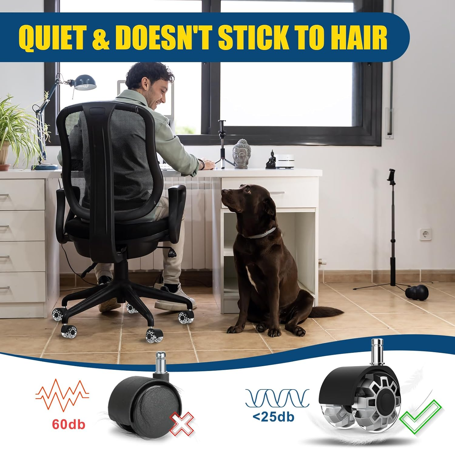 Office Chair Wheels Casters-Protection for Hardwood Floors and Carpet, Heavy Duty Silent Computer Chair Wheels with Standard Stem 7/16&Prime;* 7/8&Prime;(11Mm*22Mm),Office Furniture Casters Set of 5(Black) - Black image number 3