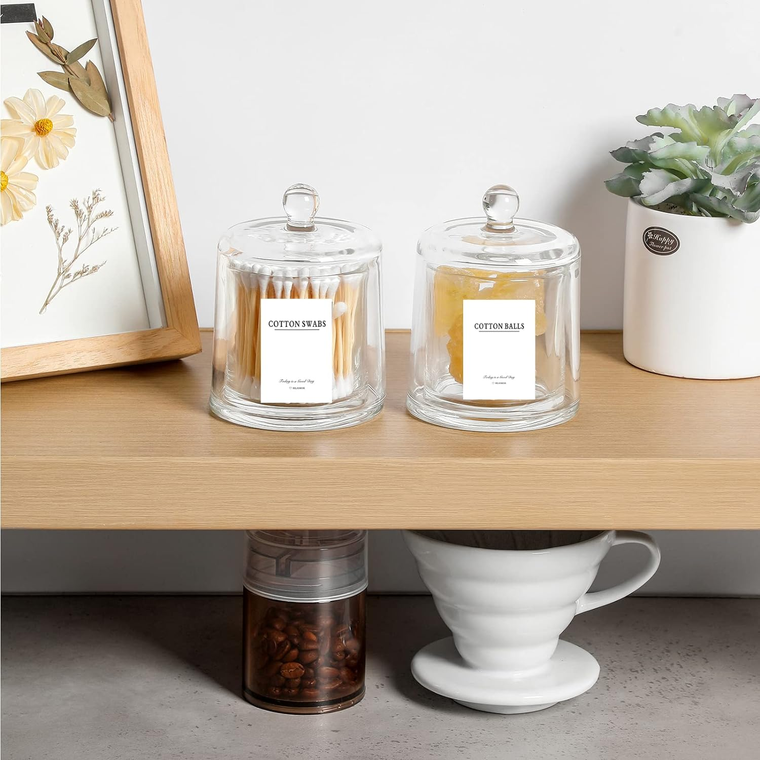 Rejomiik 2 Pack Qtip Holder Thick Glass Apothecary Jars with Lid for Bathroom Accessories Vanity Organizers and Makeup Storage for Cotton Ball, Swabs, Makeup Sponges, Candy, Jewelry, Clear - White image number 3