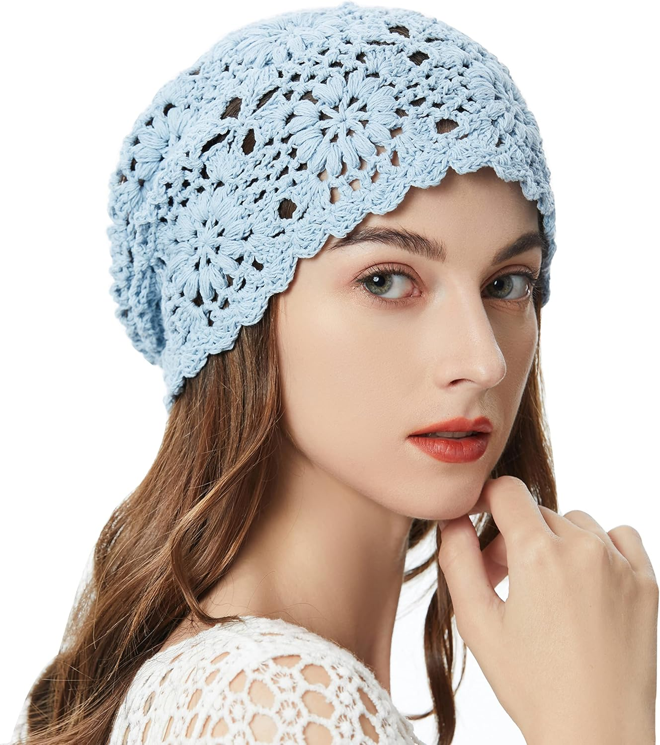 ZLYC Women Cotton Crochet Slouchy Beanie Hat Handmade Knit Cutout Summer Floral Skull Cap image number 4
