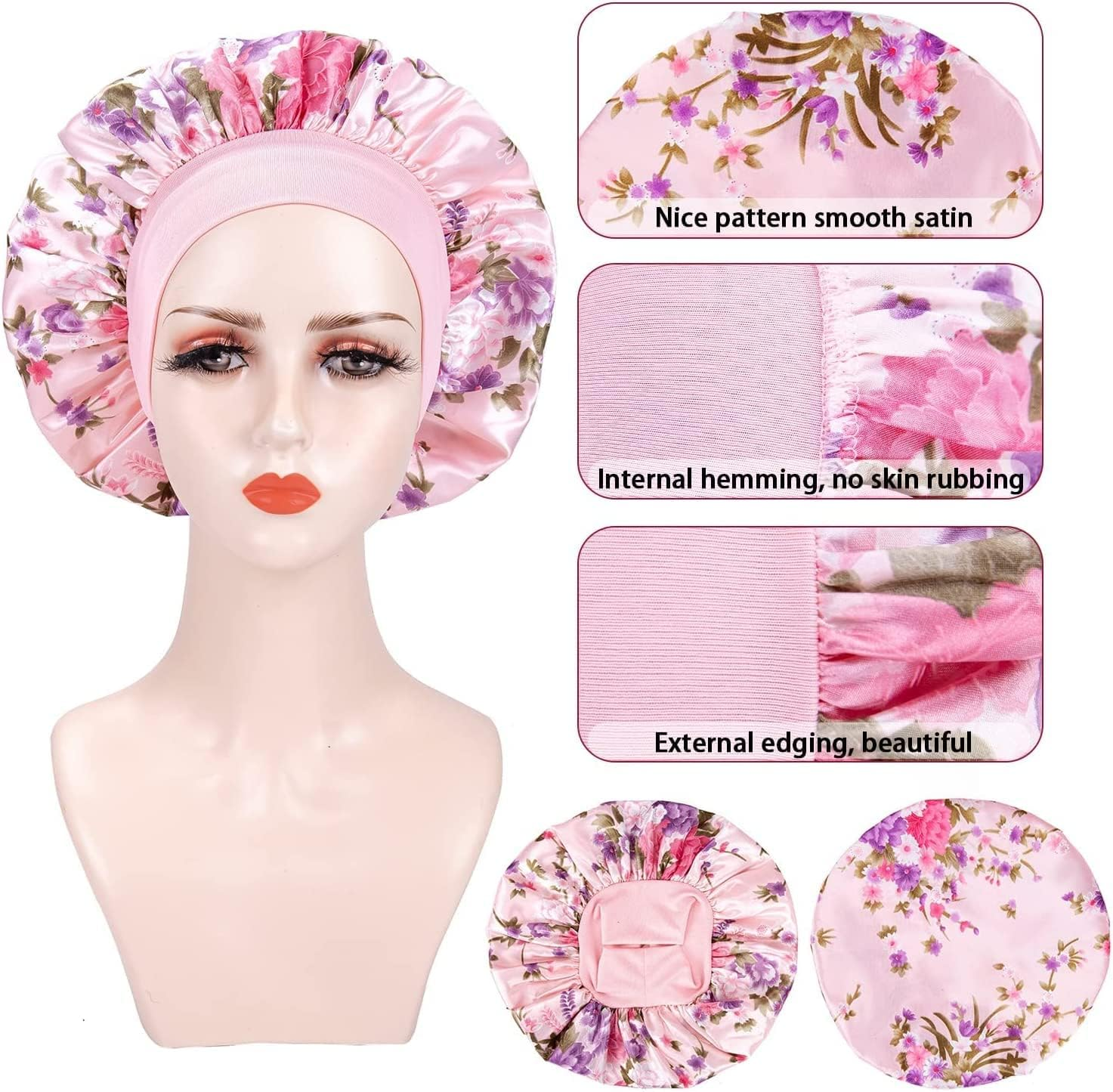 WUBAYI 3 Pcs Soft Satin Bonnet, Silk Bonnet Hair Wrap for Sleeping, Sleeping Hair Care Cap Bonnets, Night Sleeping Head Cover Sleeping Hat for Women and Girls Curly Hair image number 2