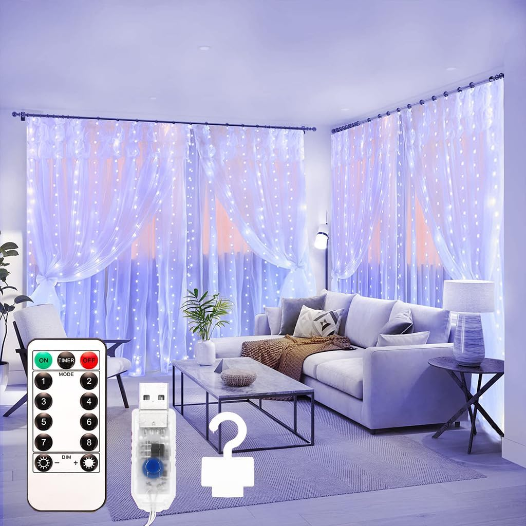 300LED Curtain String Lights,Usb Plug Fairy Curtain Lights in 8 Modes Christmas String Hanging Lights with Remote Controller for Bedroom,Indoor,Outdoor,Weddings,Party,Porch,Birthday Decorations (3*3M) White