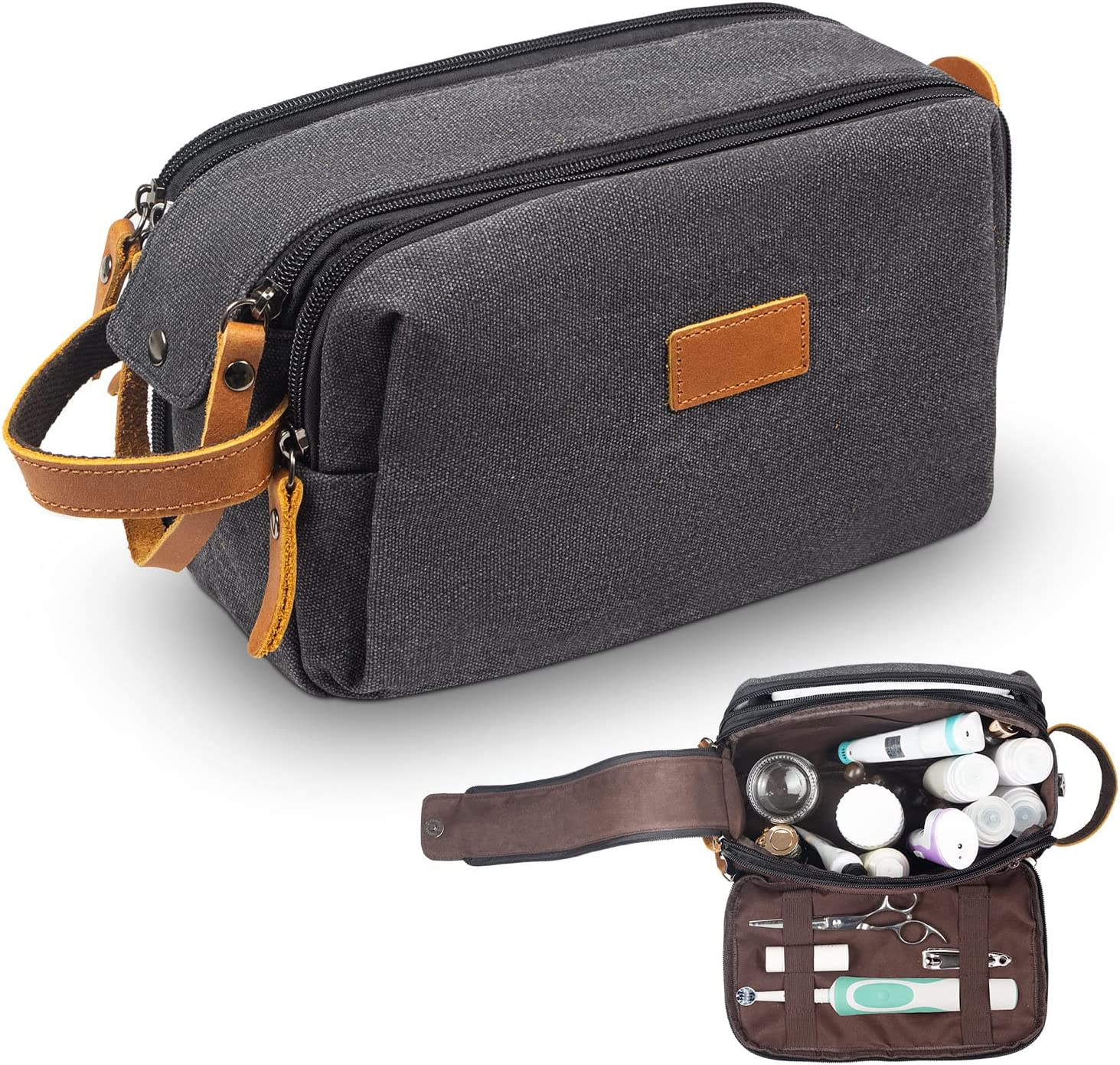 INONIX Men'S Toiletry Bag, Leather and Canvas Travel Toiletry Organizer Bag with Large Capacity, Dopp Kit for Men, Travel Bathroom Bag, Water-Resistant Shaving Bag for Toiletries Accessories image number 3