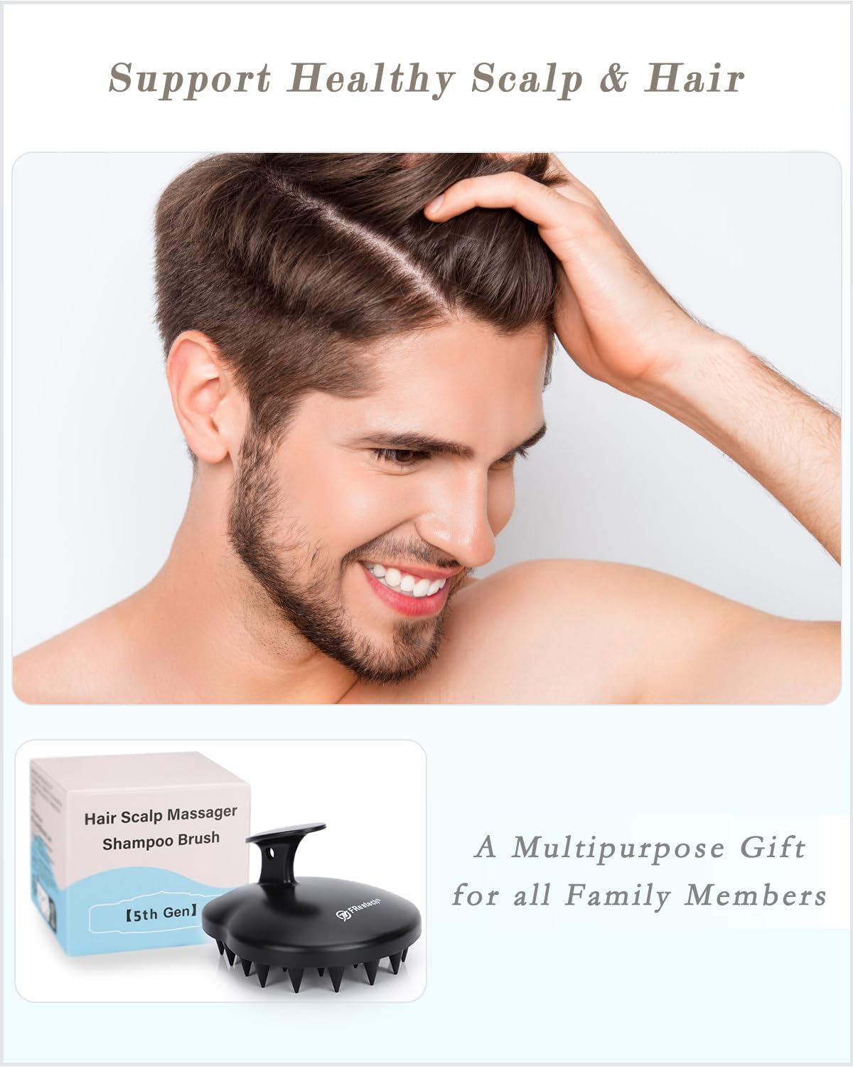 FREATECH 100% Silicone Hair Scalp Massager Shampoo Brush for Scalp Care and Hair Growth, Waterproof Shower Hair Scrubber Scalp Exfoliator for Dandruff and Buildup, Sturdy and Hygienic, Black image number 1