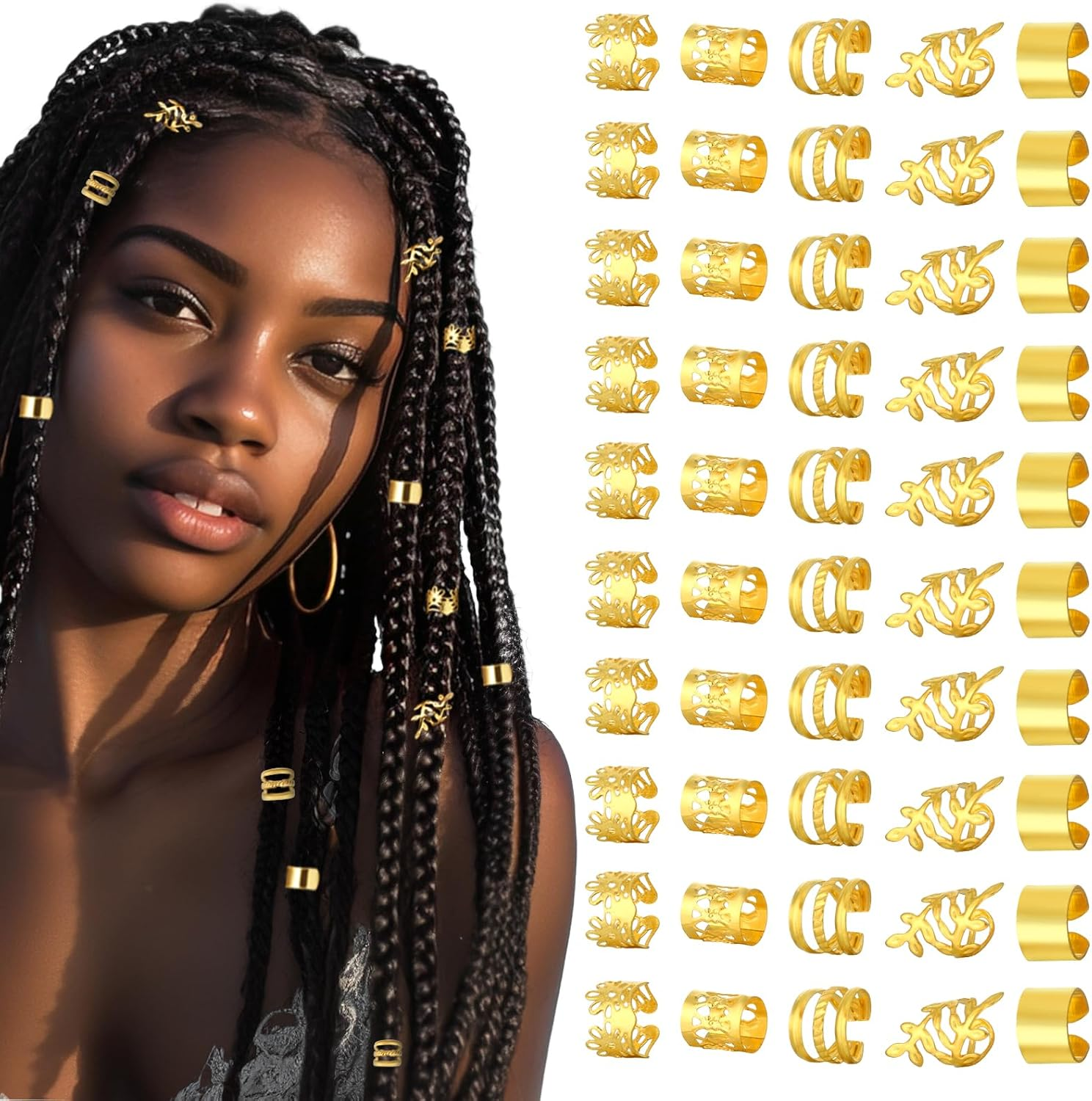 Prasacco 50Pcs Gold Hair Jewelry for Braids, Loc & Dreadlocks - 5 Styles, Luxury Gold Rings & Cuffs - Adult Women'S Hair Clip Accessories