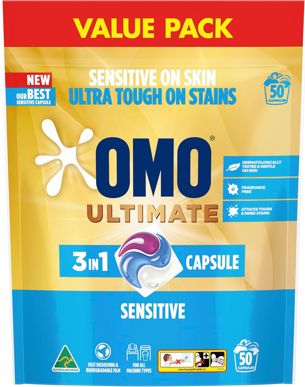 OMO Ultimate Sensitive 3 in 1 Laundry Capsules, 50 Washes