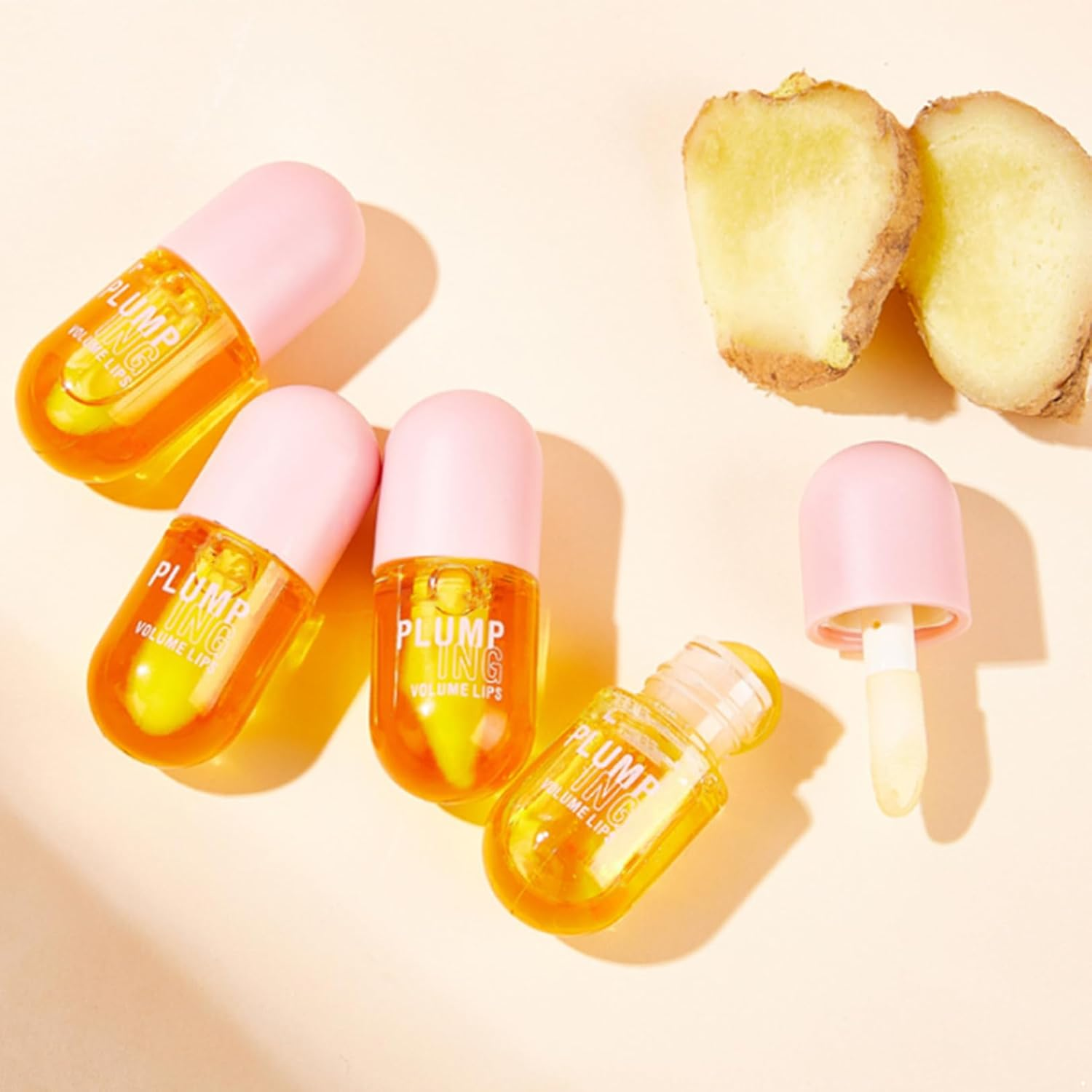 FEESHOW 2-Piece Ginger Lip Oil Set, 8Ml Daily Conditioning Plumper for Hydrated Fuller Looking Lips Yellow One Size