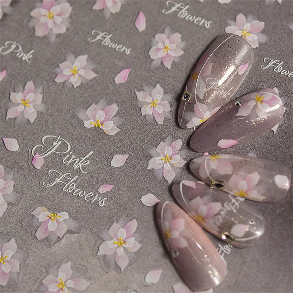 2 Sheets Pink Sakura Flower Nail Stickers Self-Adhesive 5D Embossed Cherry Flower Nail Design Nail Stickers Spring Summer Floral Nail Stickers Relief Petal Nail Sticker Nail Accessories Nail Art image number 3