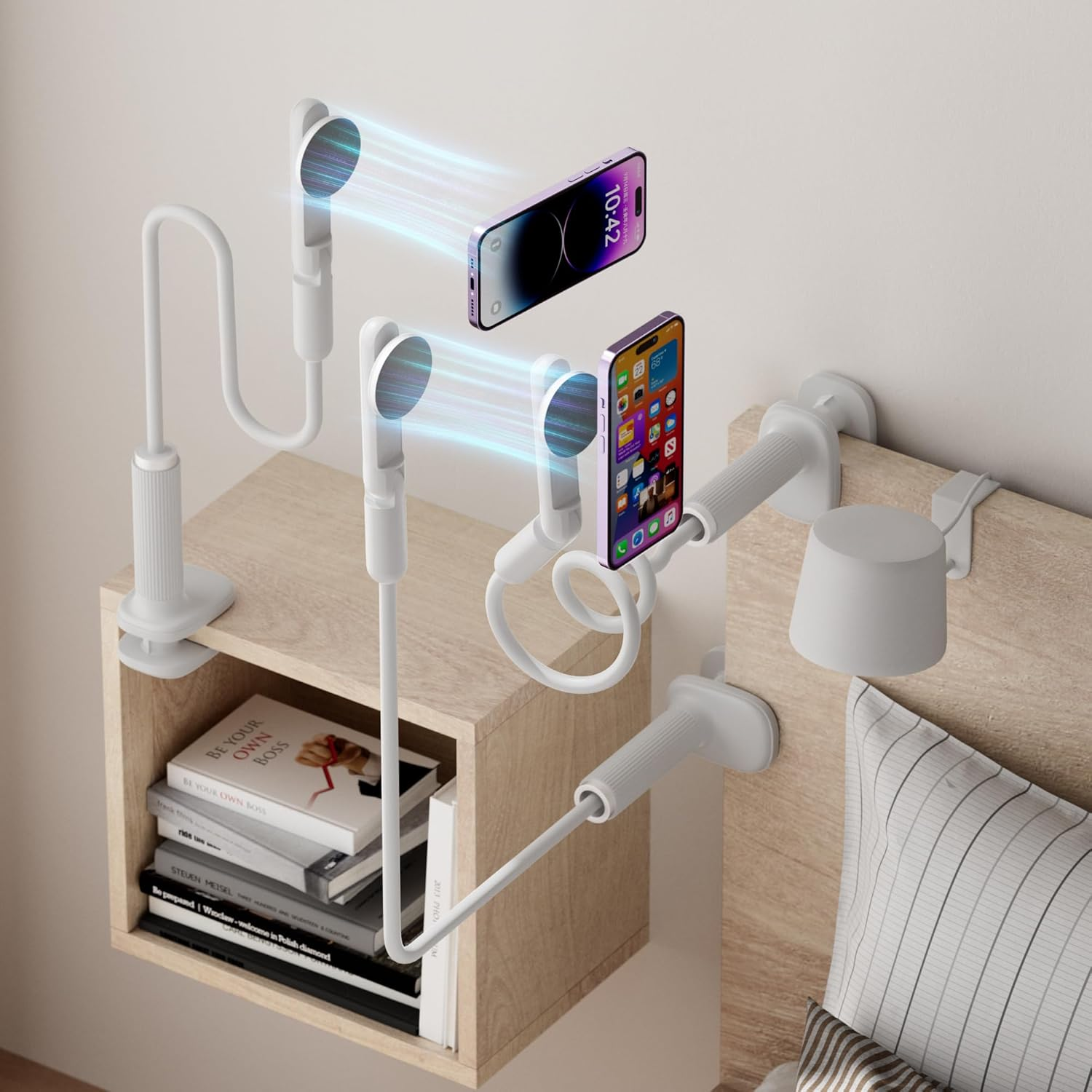 NQQNQQ M-TM 【90CM】 Magnetic Gooseneck Phone Holder for Bed & Desk, 360&deg; Rotation, Sturdy Arm Compatible with Iphone 15/14/13/12 Pro Max, Overhead Mount for Live Streams & Zoom (White) image number 4