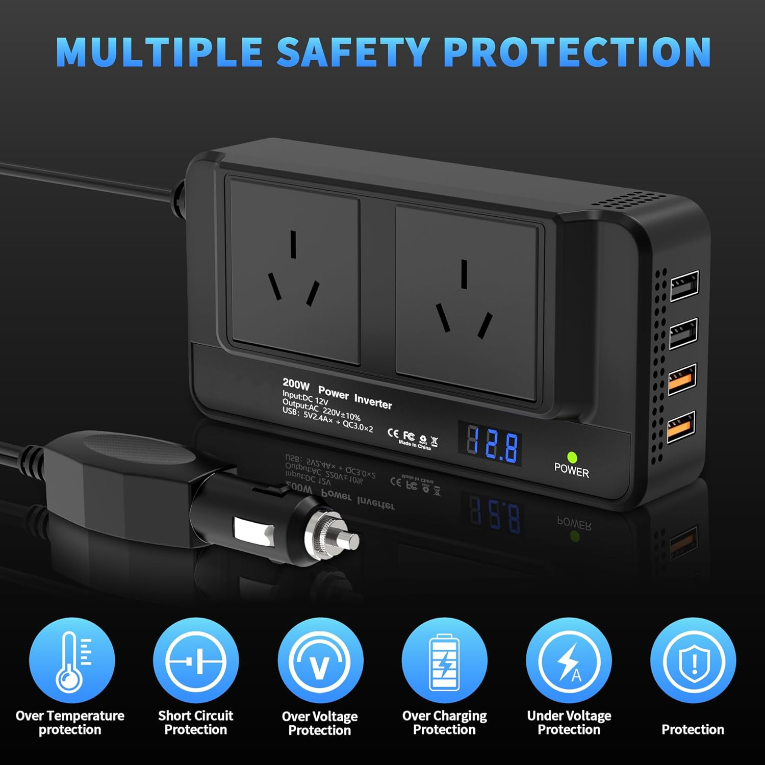 200W Car Power Inverter, DC 12V to 240V AC Converter with 2 AU Outlets & 4 USB Ports, Fast Charging Adapter with Switch and Current LED Screen for Car, SUV, Truck image number 5