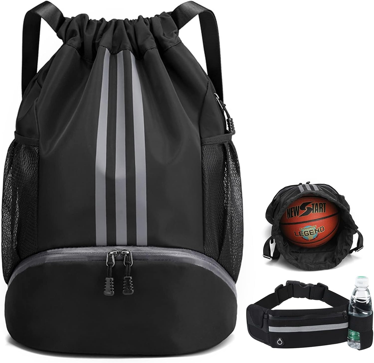 Drawstring Backpack Drawstring Fitness Bag Durable Nylon Basketball Football Storage Bag with Shoe Storage with Water Cup Storage Waist Bag image number 2