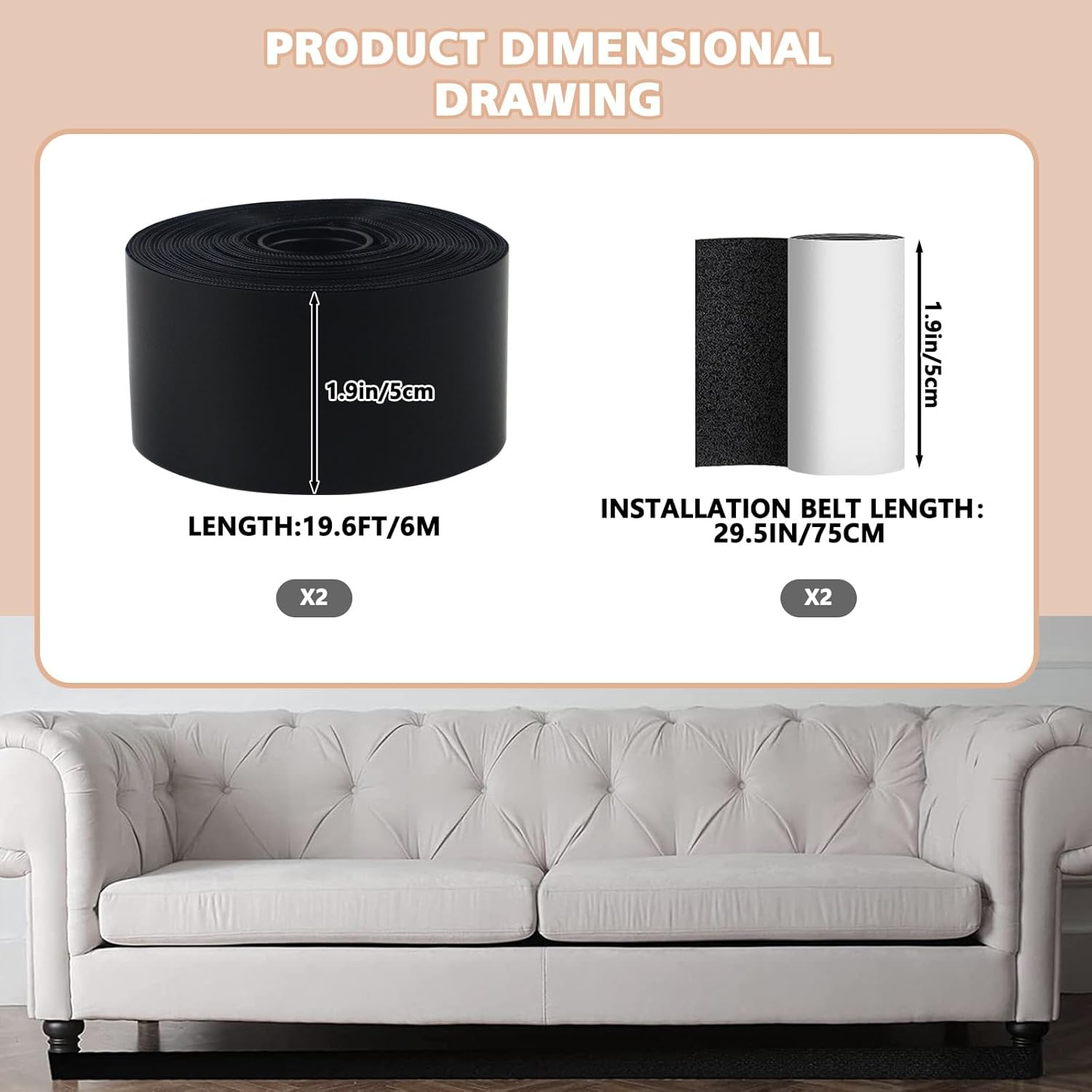 2 Pieces 39.3 Feet under Couch Blocker with Hook & Loop Tape, Adjustable under Bed Blocker for Pets, Couch Bumpers for under Couch Carpet, Furniture Gap Blocker Filler Barrier (1.9" W) image number 3