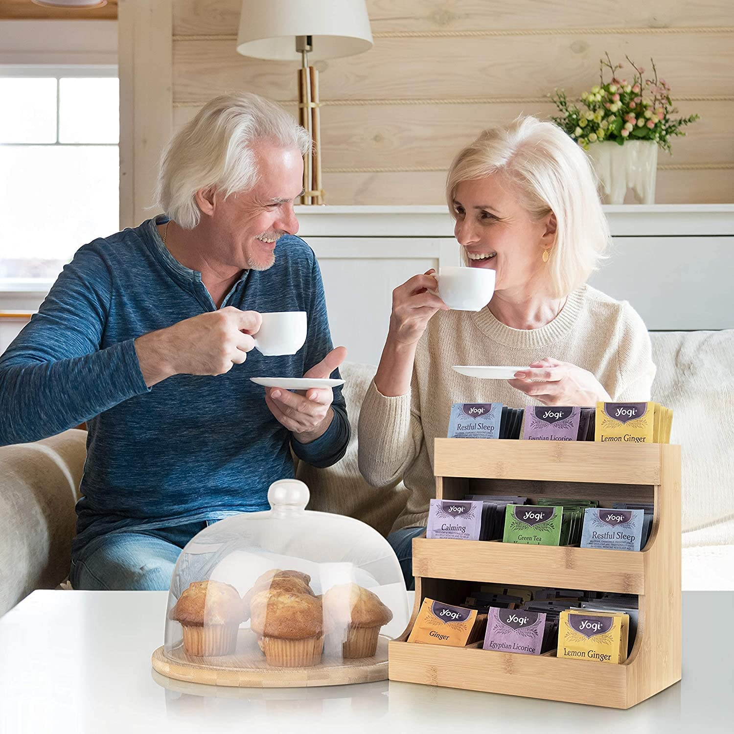 THEODORE Vertical Bamboo Tea Bag Organizer - Holds 180 Bags - Elegant Wooden Storage Box for Home, Office, Caf&eacute; - Also Holds Sugar Packets and Creamers image number 1