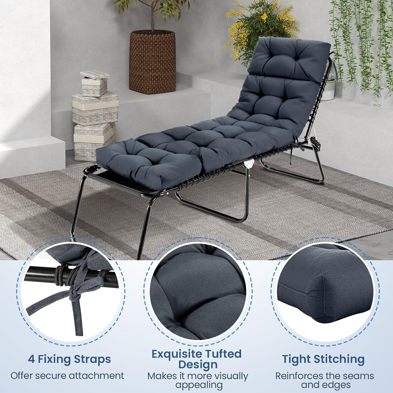 Costway Sunlounger Chair Cushion, High Back Recliner Cushion with 4 Fixing Ties, Thick Padded Reclining Chair Rocking Cushion for Outdoor Indoor (Only Cushion) (1, Grey, 186 X 56 X 11 Cm) image number 4