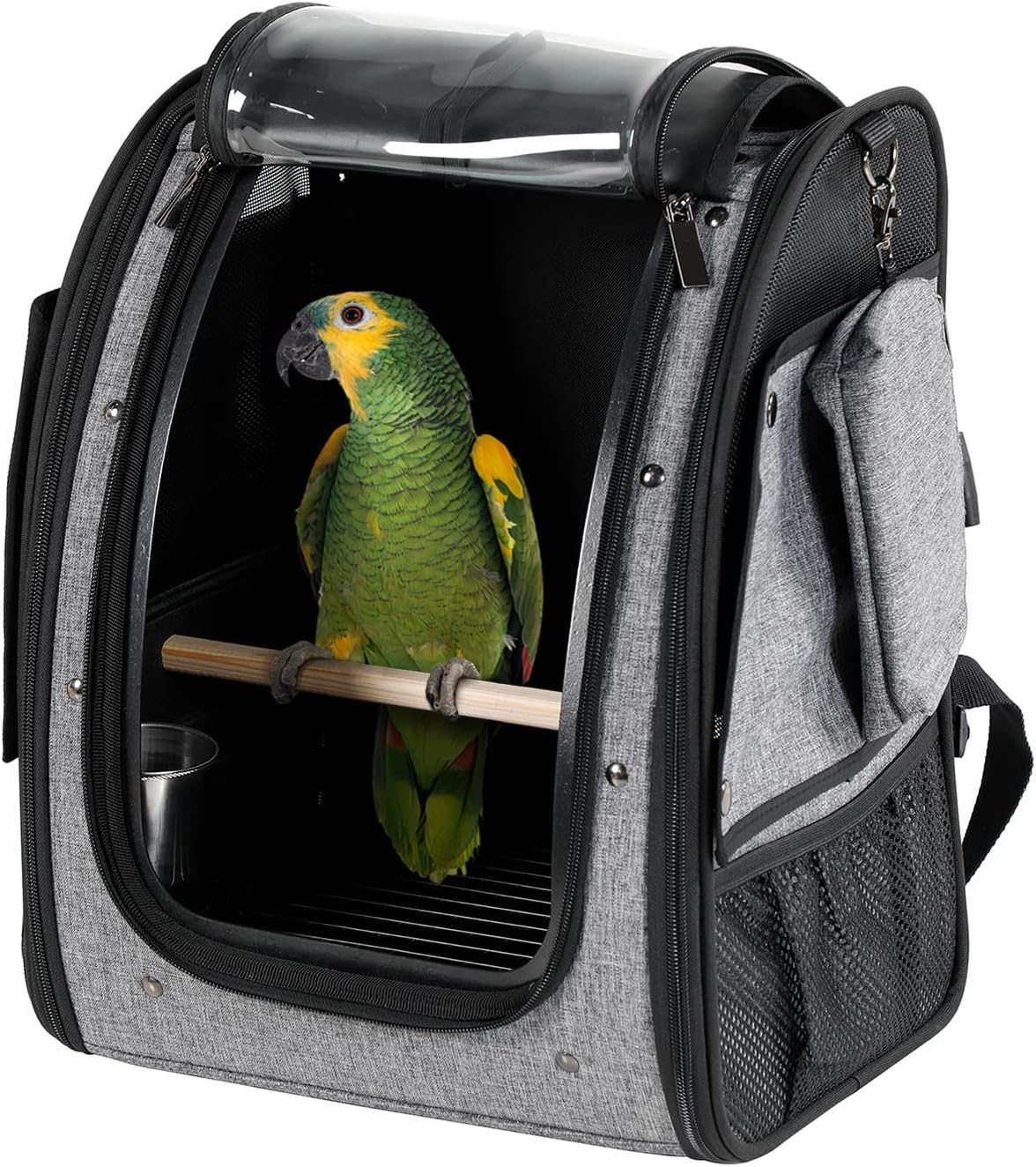 Petsfit Bird Carrier Medium Size with Stainless Steel Bowl, Parrot Backpack Includes Slide Tray for Easy Cleaning, 13" X 10" X 16"