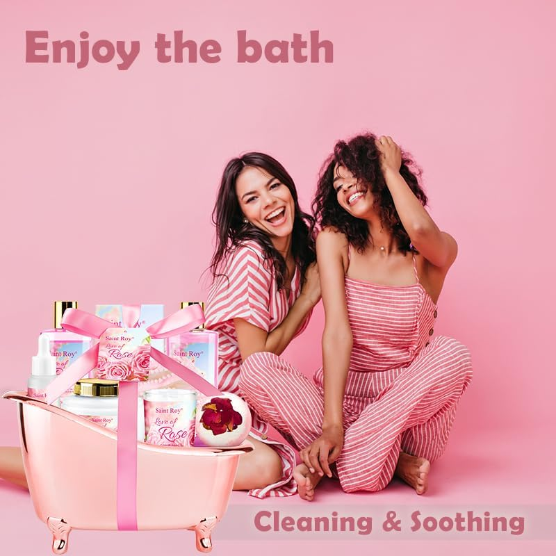 Mother Gift Bath Set for Women, Luxury Home Spa Kit Rose Bath Gift Basket 9Pcs, Includes Shower Gel, Body Lotion, Bath Salts, Bath Bomb, Spa Candle, Relax Bath Puff and More, Christmas Gift for Her