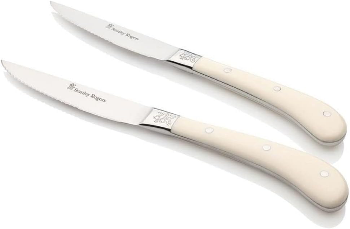 Stanley Rogers Pistol Grip Artisan Steak Knife Set, Stainless Steel Serrated Blade, Sharp Knives with Ergonomic Handle (Colour: Cream, Silver), Quantity: 1 Set, 4 Pieces - Black image number 2