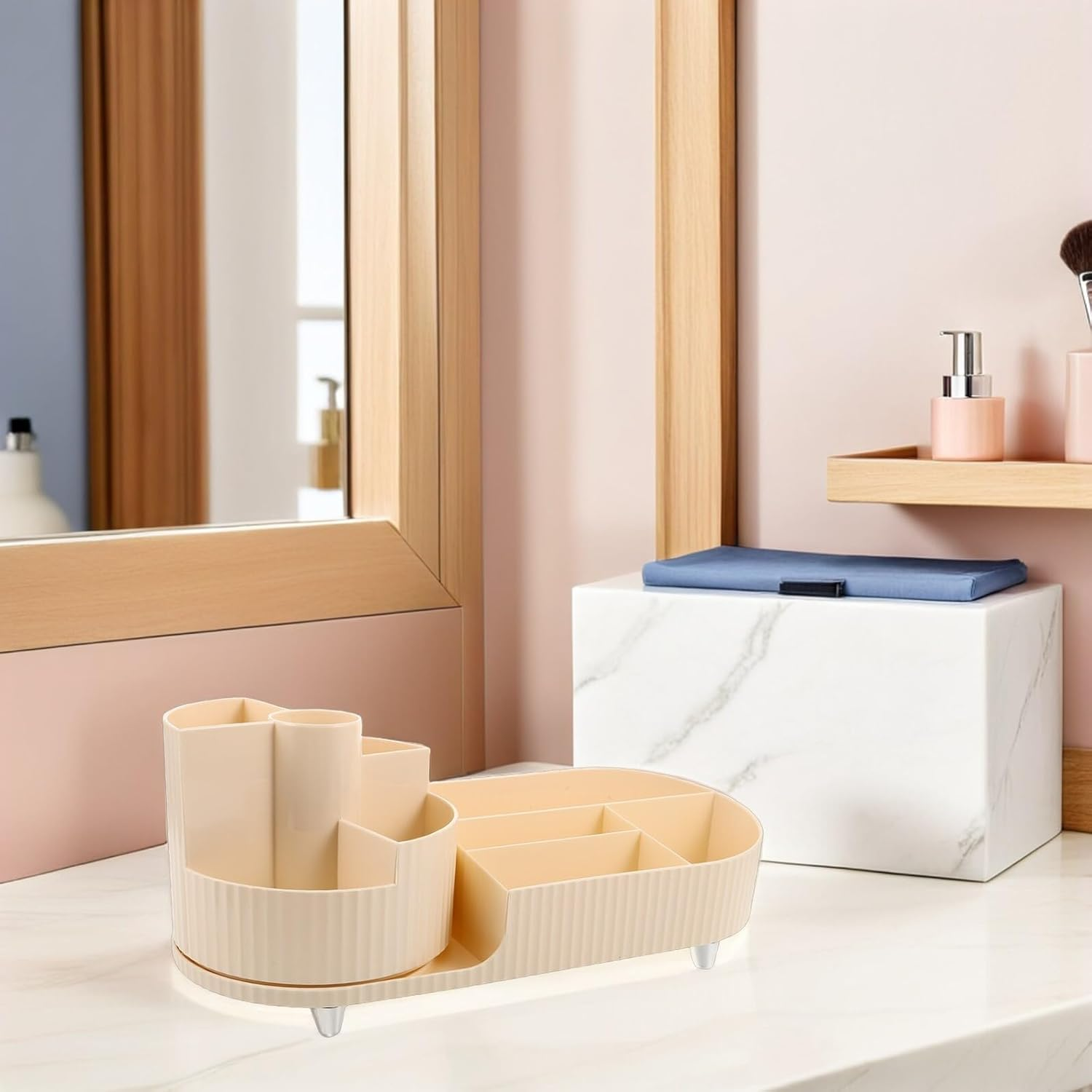 Vaguelly Rotating Desktop Makeup Storage Box 2Pcs in Cream White, Skincare and Cosmetic Organizer with Turntable Carousel for Vanity Countertop and Bathroom Use image number 1