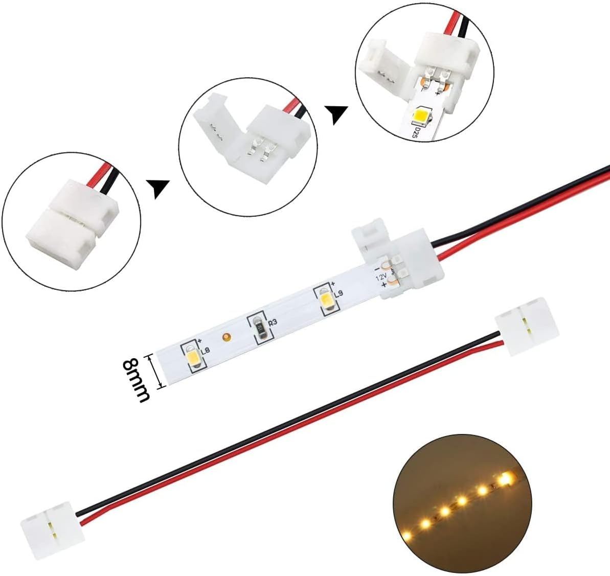 Pack of 48 2 Needle LED Strip Connectors, Light Connectors, T Shape L Shape Gapless Solderless Connectors, LED Adapter Light Extension Connector for 3528 2835 SMD RGB LED Strip Light (8 Mm) image number 5