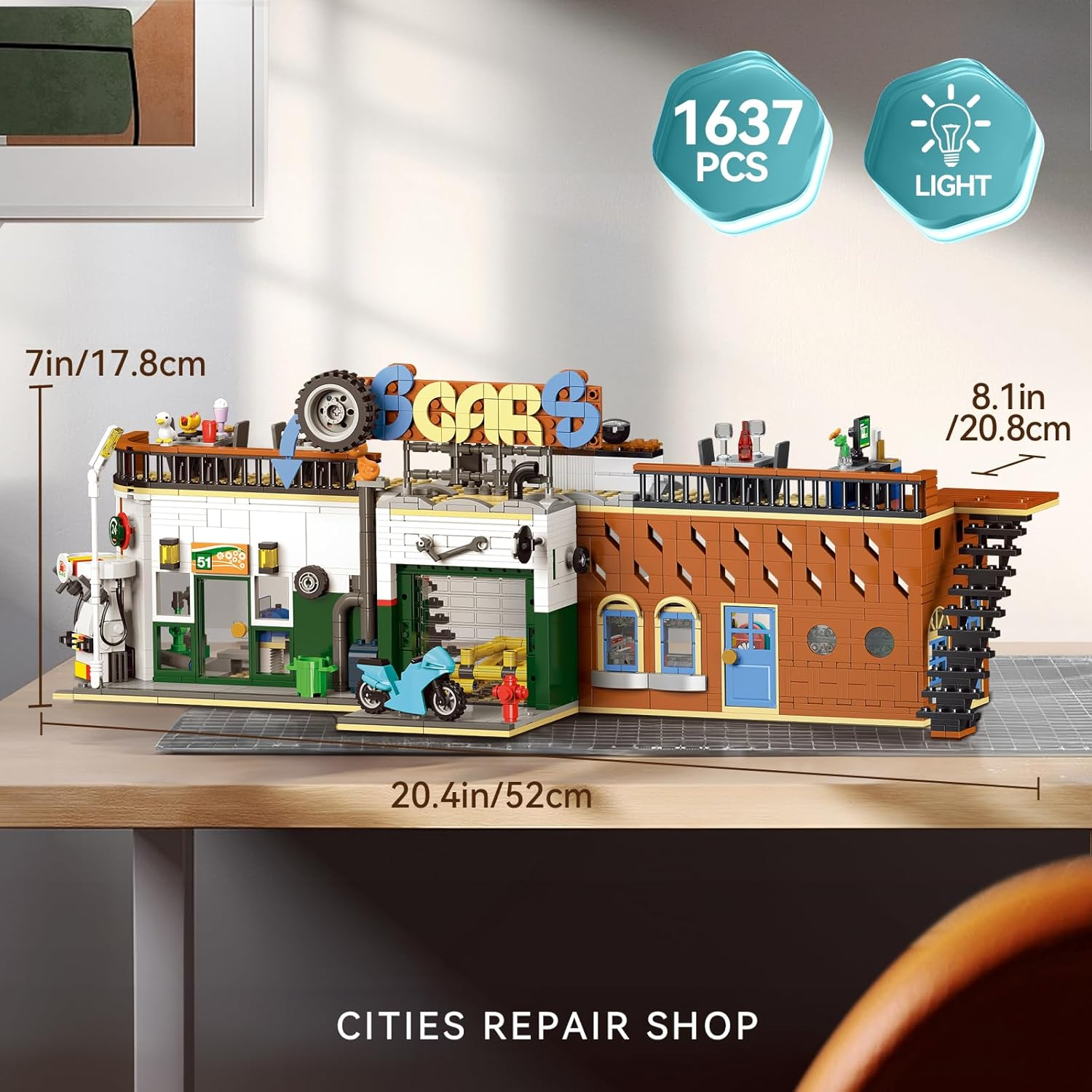2 in 1 City Building Set, Compatible with  City House with LED Light, Street View Car Repair Shop Architecture Modular Construction Kit, Toys Gift for Adults and Kids Boys Aged 8+ (1637 PCS) image number 2