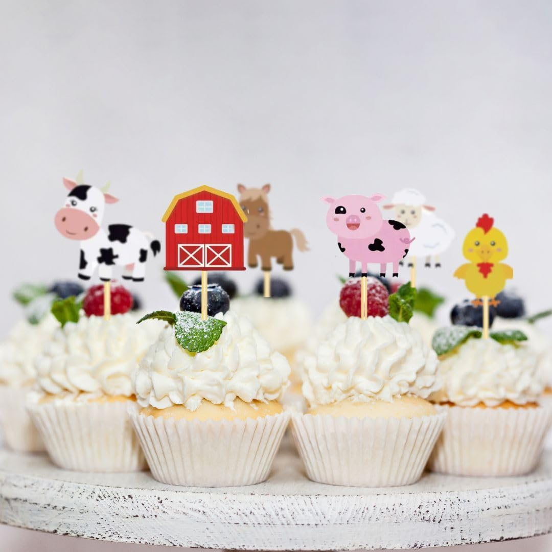 24 Pack Farm Barn Cupcake Toppers Barnyard Animal Party Decorations for Kids Birthday & Baby Shower Farm Theme Cake Picks for Cupcakes, Desserts & Table D&eacute;cor image number 3