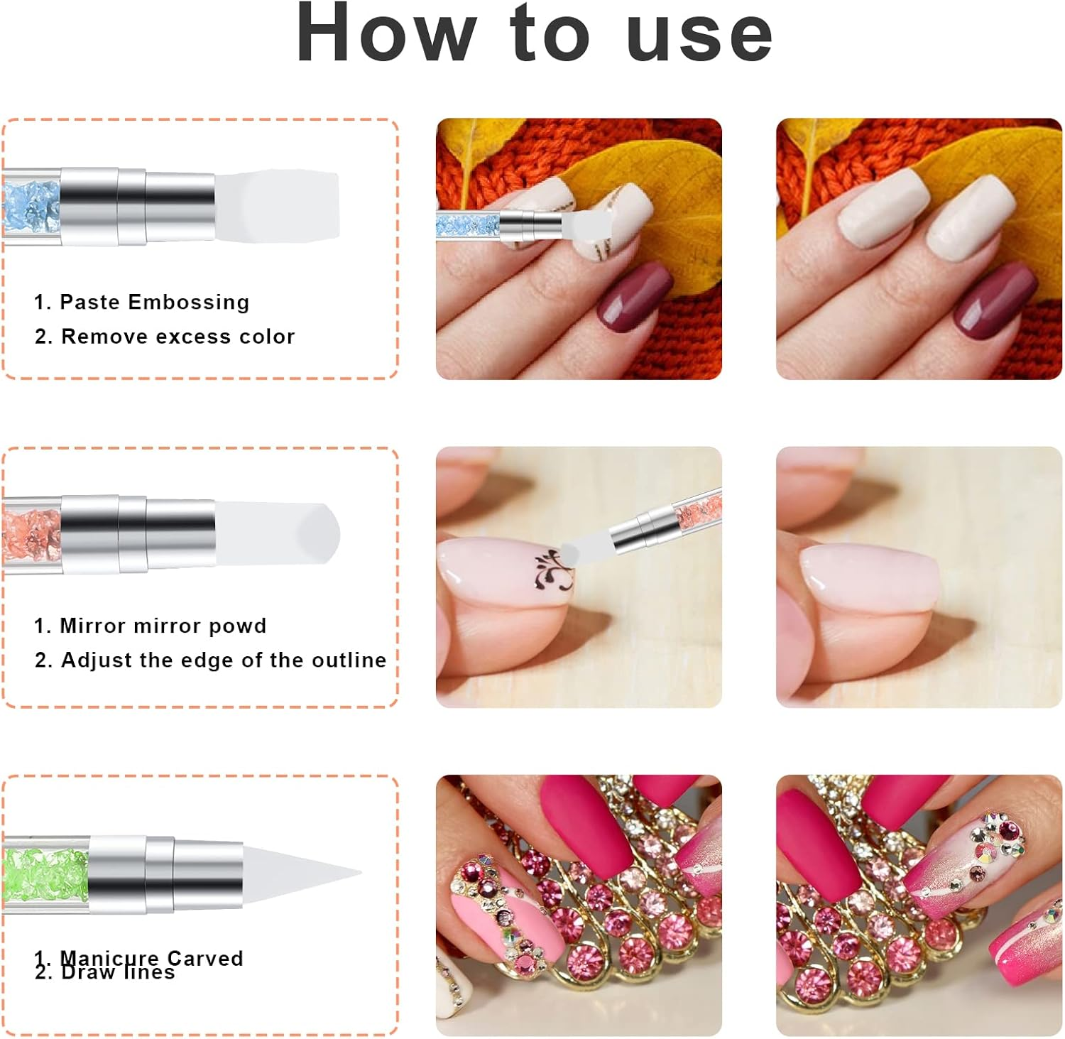 Sliverdew 5Pcs Nail Art Sculpture Pen Dual Tipped Silicone Nail Tools Nail Art Acrylic Pen Silicone Brushes for Resin Nail Art Tools for Design Nail Foil Carving Drawing Effect Shaping Drawing image number 3