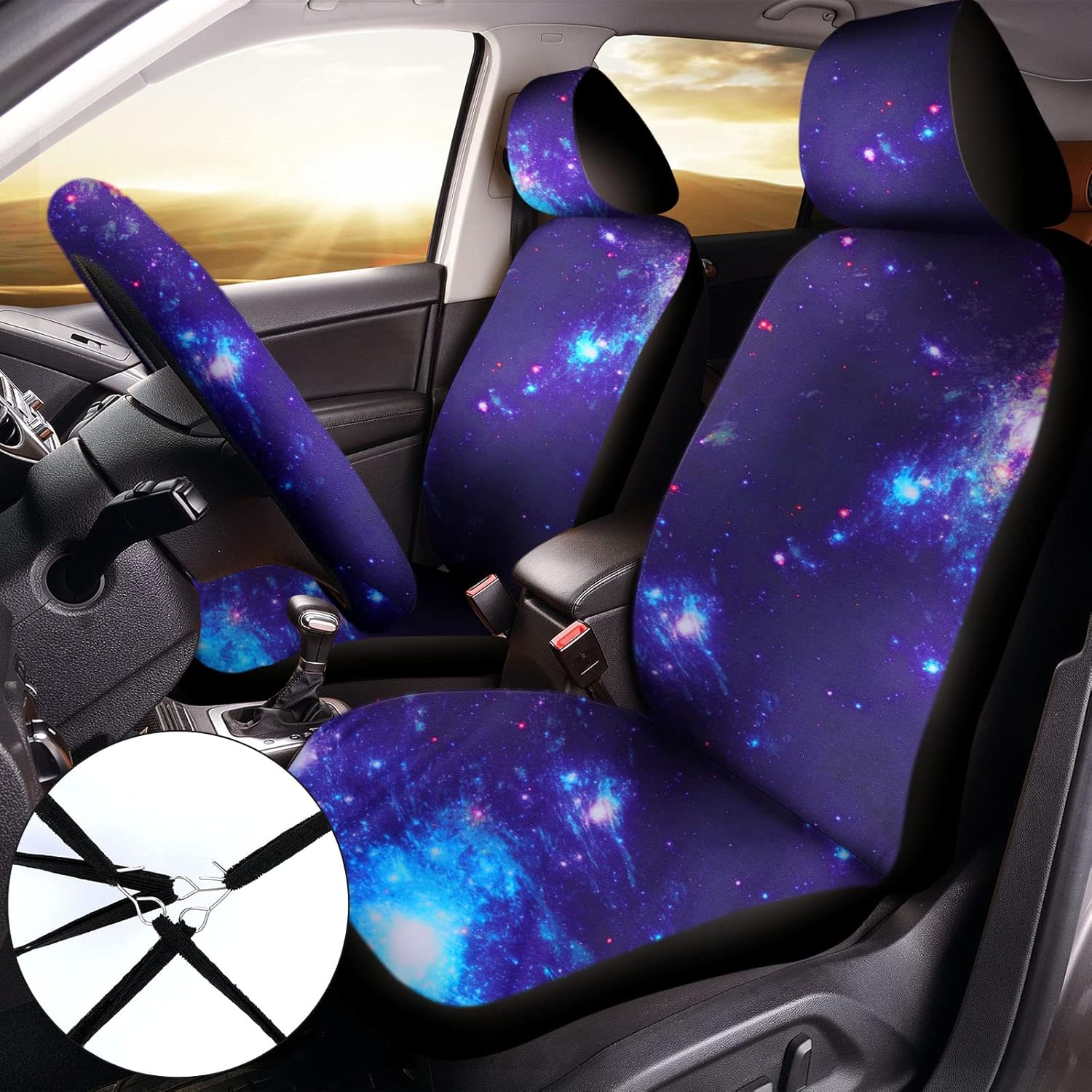 Frienda 15 Pieces Galaxy Car Seat Cover Steering Wheel Cover Universal Star Space Galaxy Car Accessories Separate Headrest Seat Belt Pads Fit for Auto Truck Van SUV image number 2