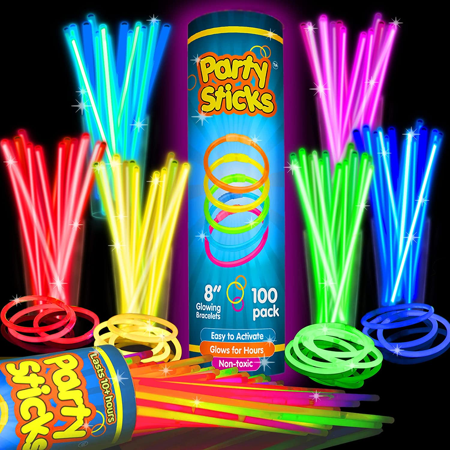 Partysticks 200 Count Glowsticks Glow Light Stick Bracelets Mixed Colours Wholesale Pack (2 Tubes of 100), 20Cm L image number 2