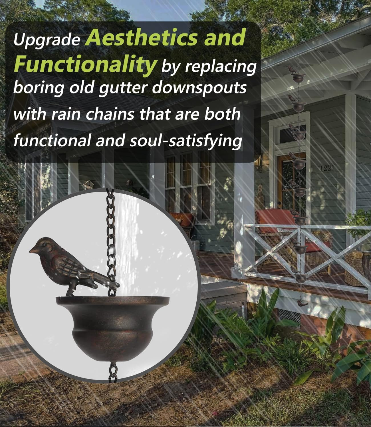 2.4 Meter Birds on Cup Mobile Rain Chain, Metal Rain Chain Bell with 8 Cups, Decorative Rain Catcher Chain Replacement Downspout for Gutters image number 1