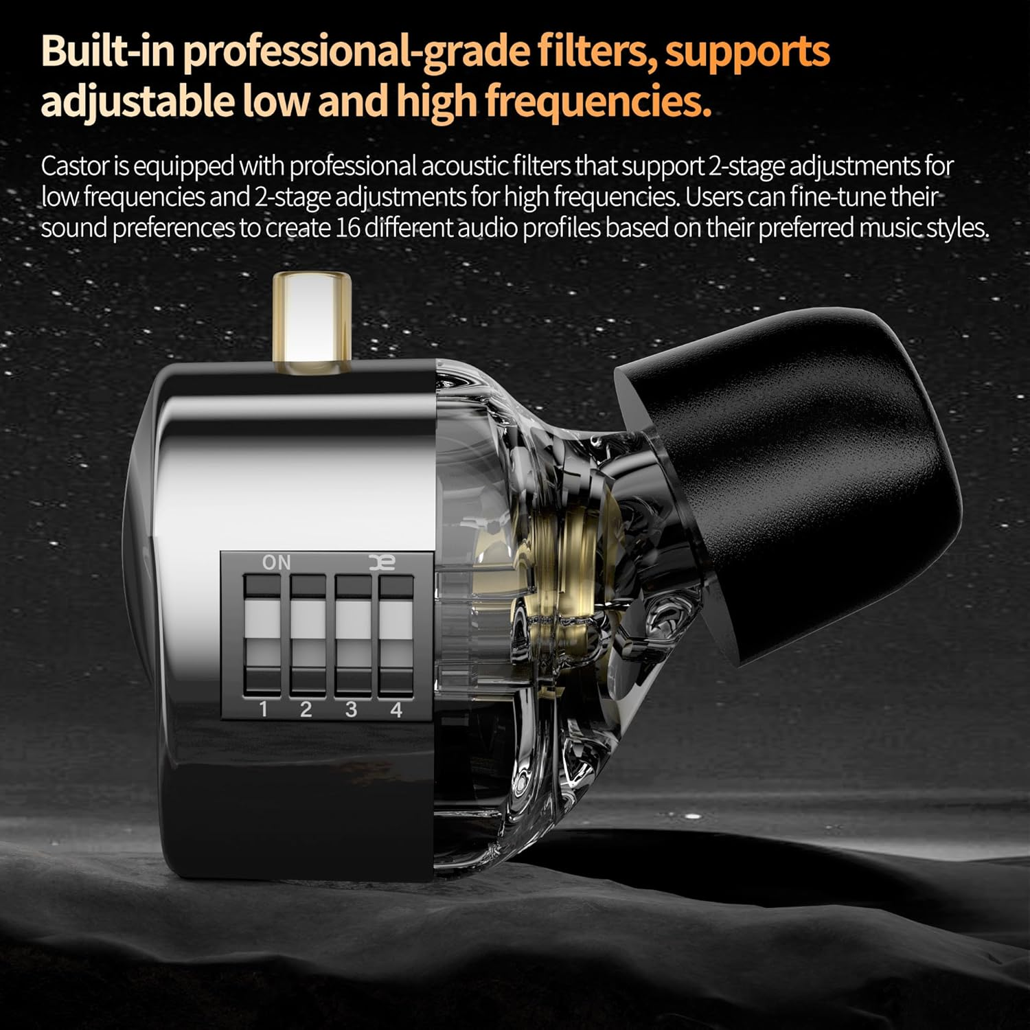 KZ Castor In-Ear Monitor Dual-Dynamic Drivers Headphones with 4 Tuning Switches Hifi Noise Cancelling Earphones, Clarity in All Frequency Stereo Sound Earbuds for Audio Engineers, Musicians(Black) image number 2