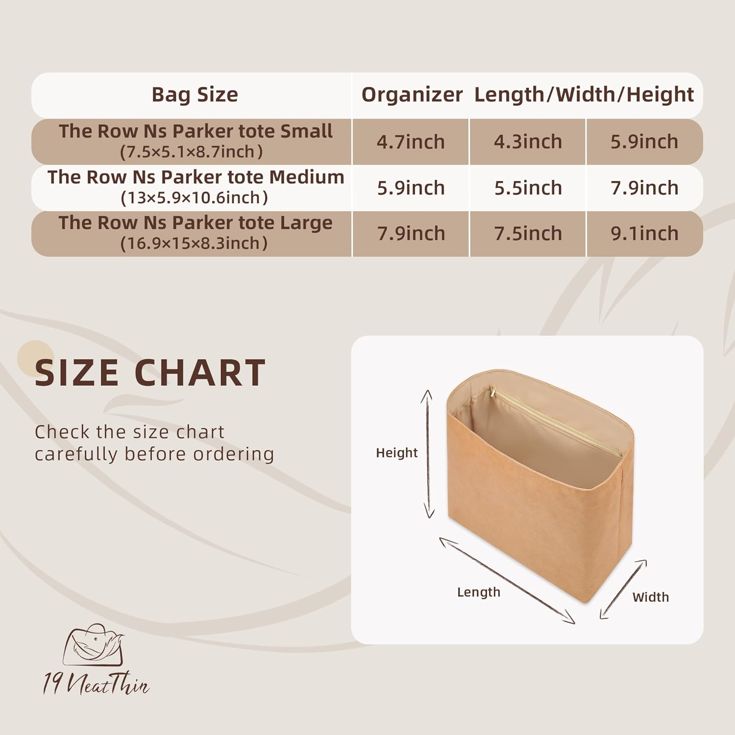 19 Neatthin Lightweight Purse Insert Fit for the Row N/S Parker Tote, Waterproof Dupontpaper Surface and Silky Satin Lining(Medium, Chai) image number 2