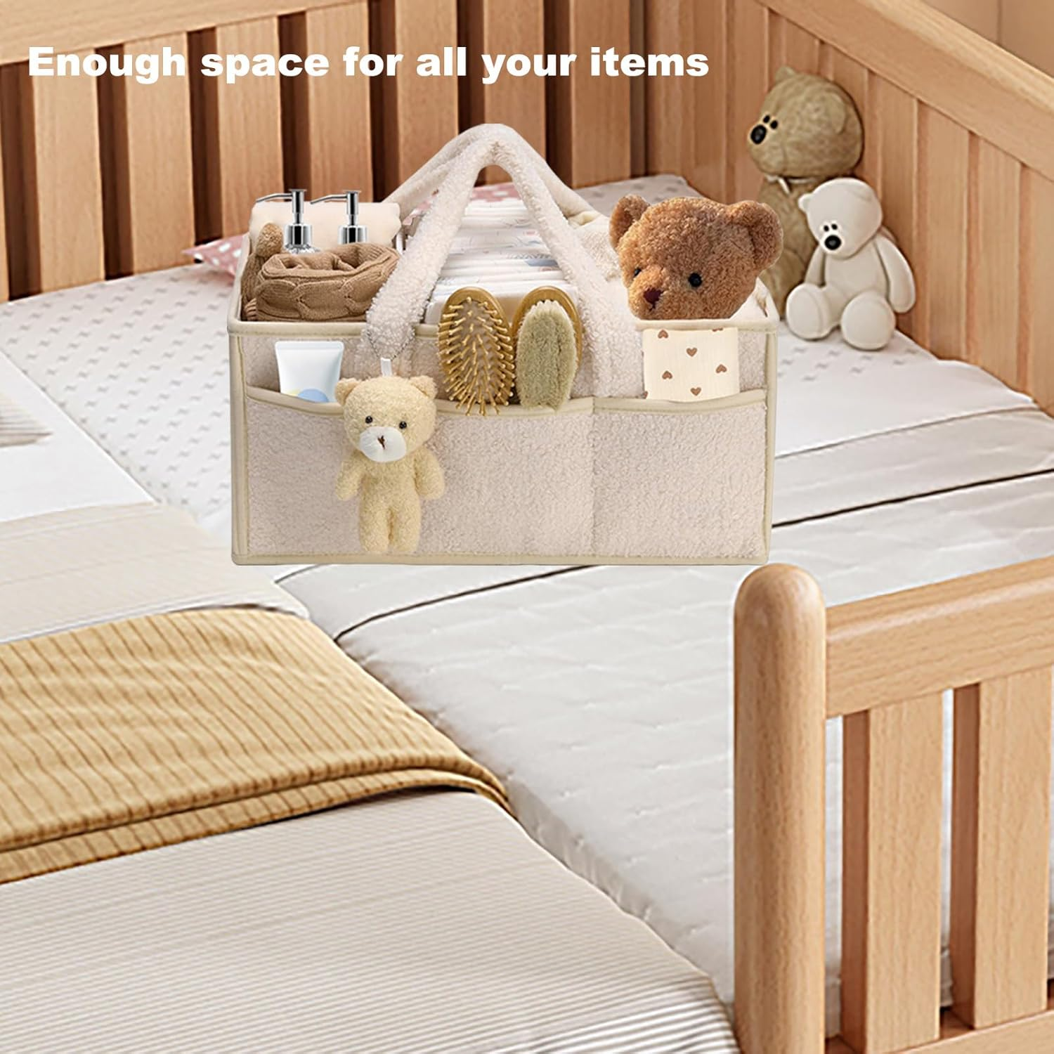 Baby Nappy Caddy, Portable Nappy Organiser, Divided Design, with Removable Inserts Nursery Storage Basket, Car Caddy (Beige) - Green image number 3