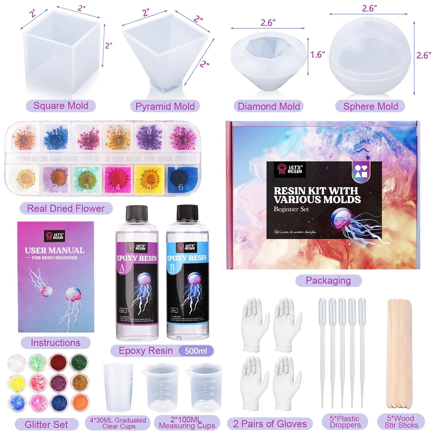 LET'S RESIN Epoxy Resin Kits for Beginners with Moulds, 500Ml Epoxy Resin Crystal Clear Kit with Sphere, Cube, Pyramid, Square, round Resin Moulds image number 5