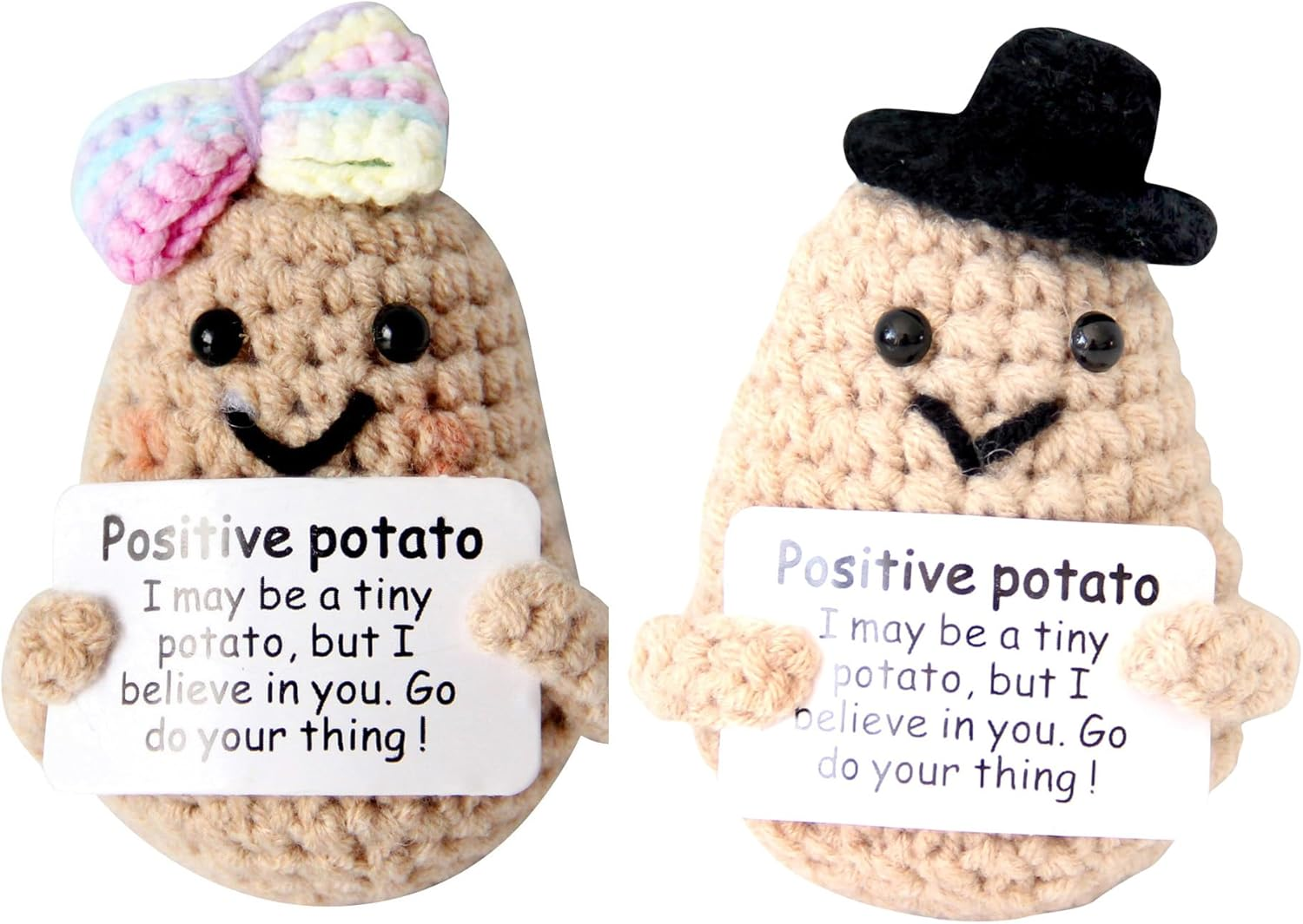 1 Mini Cute Funny Positive Life Potato,Creative Knitted Unique Interesting Potato Holding Card Positive Crochet Party Decor (Yellow)