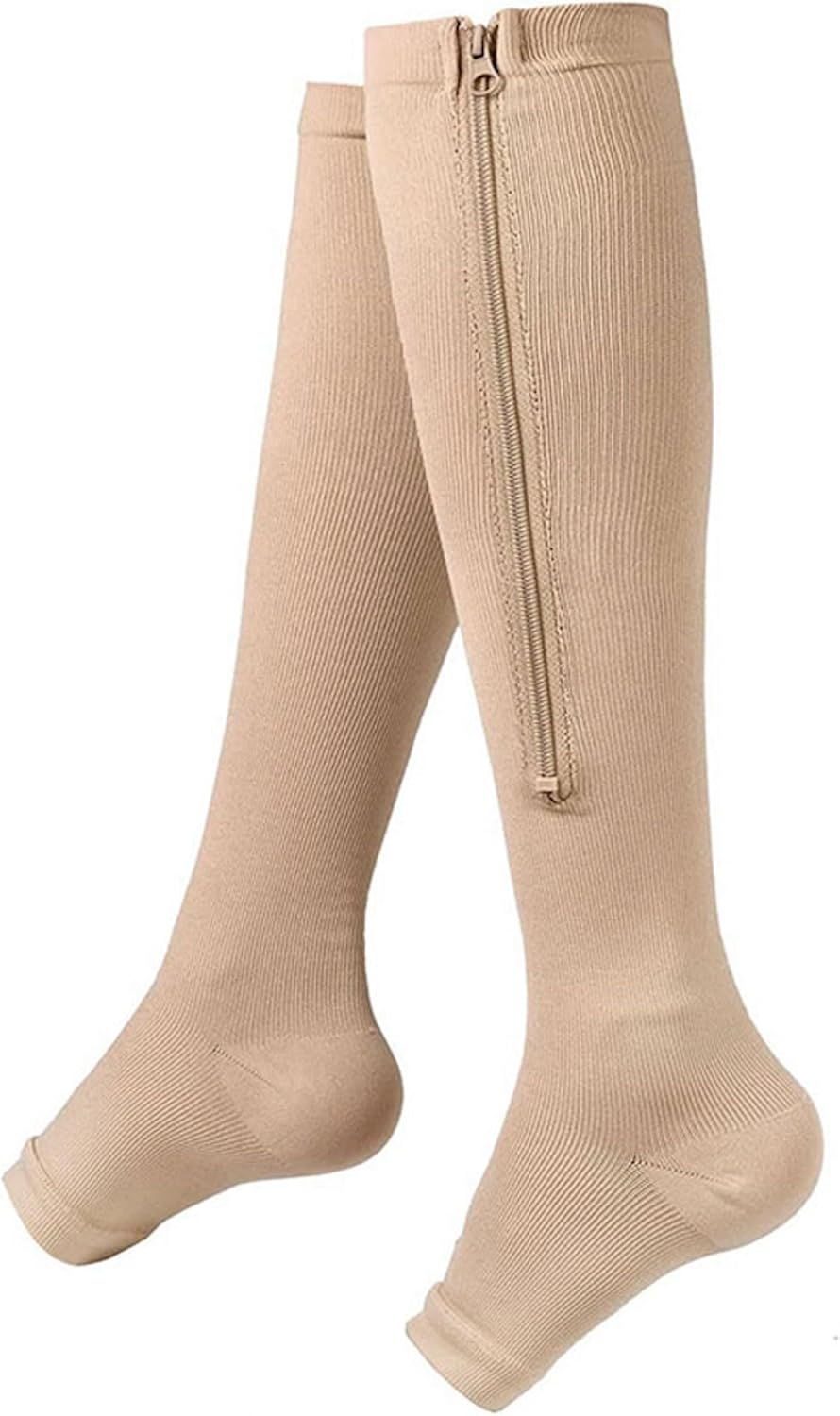 Zipper Compression Socks for Women and Men - Toeless Thigh High Open Toe with Zipper, Easy On/Off, Ideal for Pain Relief and Improved Circulation (Beige) (XXL) image number 5