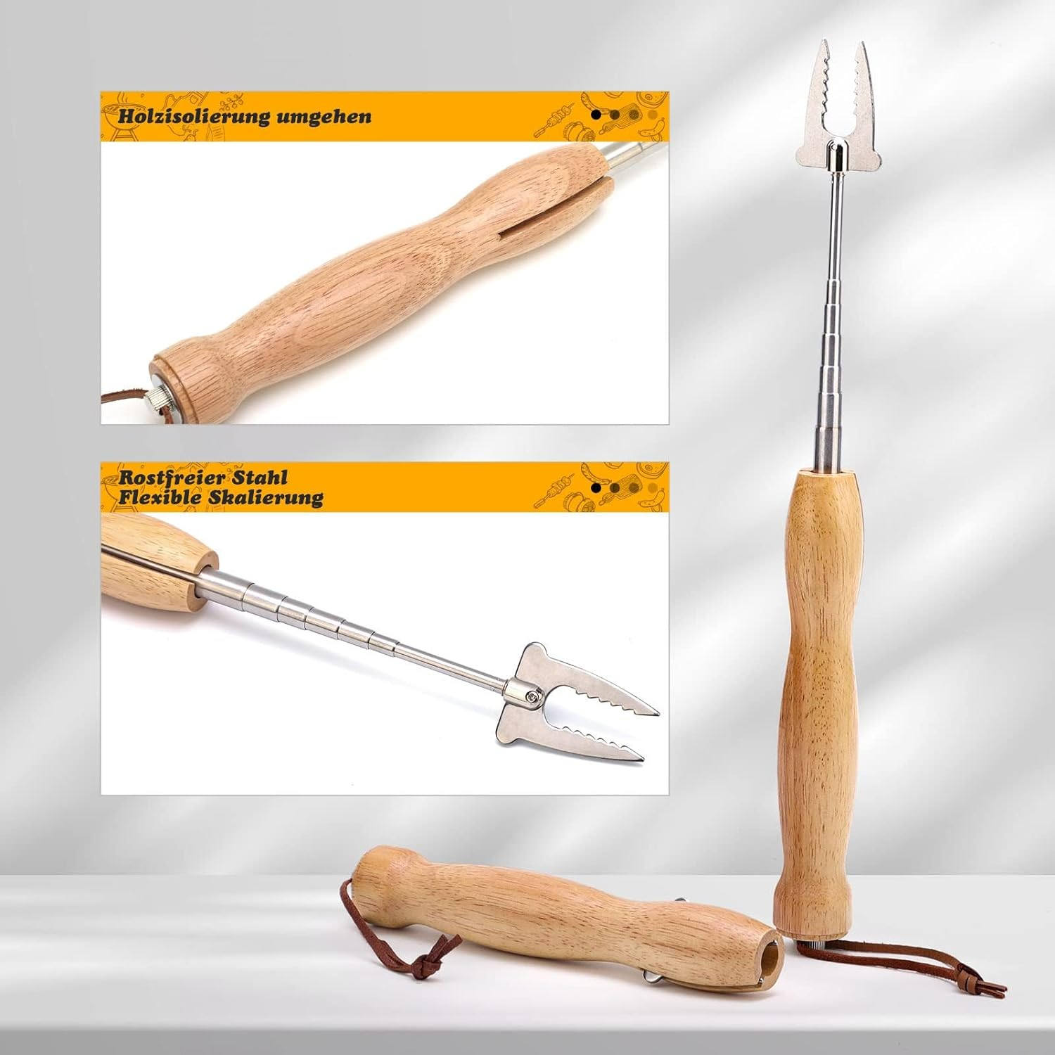 Barbecue Fork Extendible Stainless Steel Wooden Handle Long Campfire Telescopic Extendable Kebab Skewers Meat Fork for Grilling, Campfire and Camping(2 Pack) image number 4