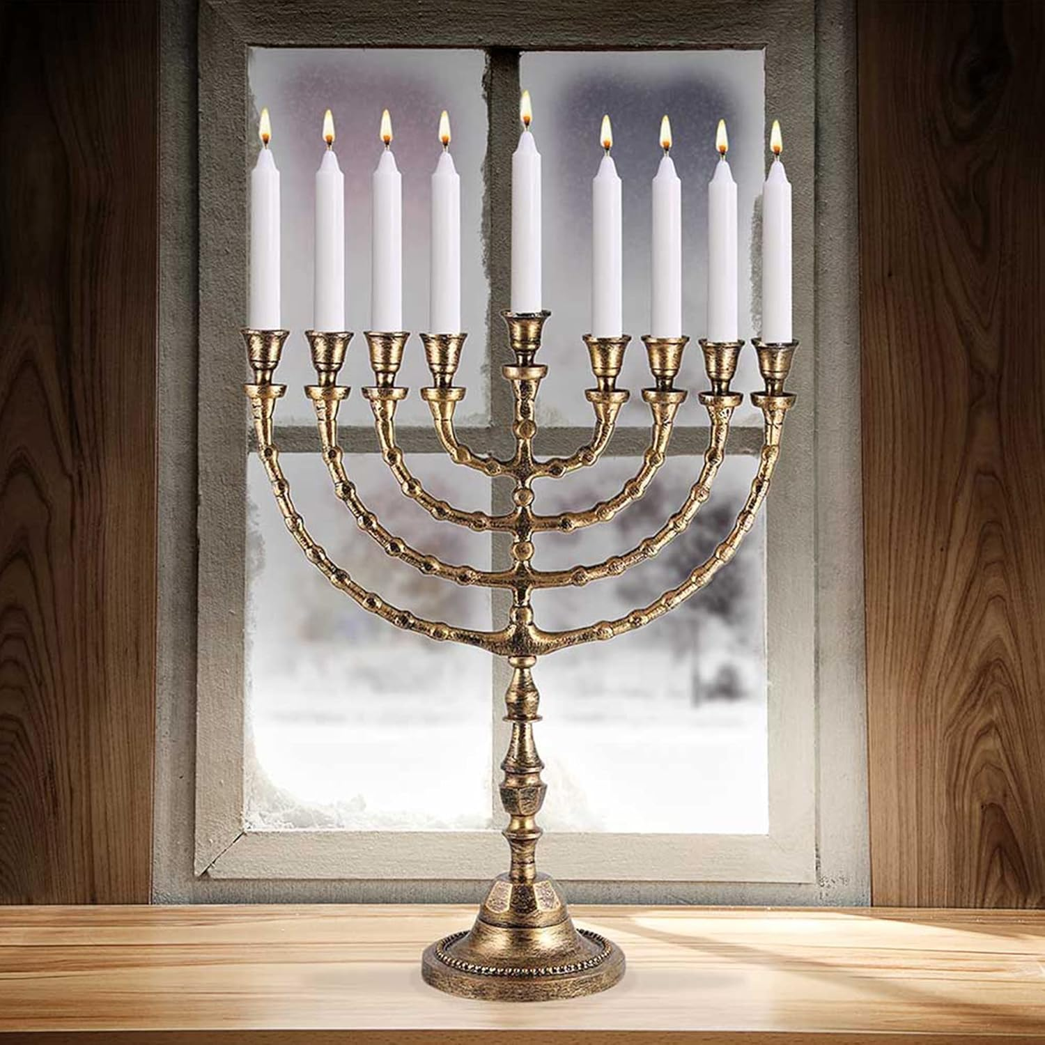 Zion Judaica X Large Traditional Menorah Uses Candles or Oil (Antique Gold) 21" Tall image number 2