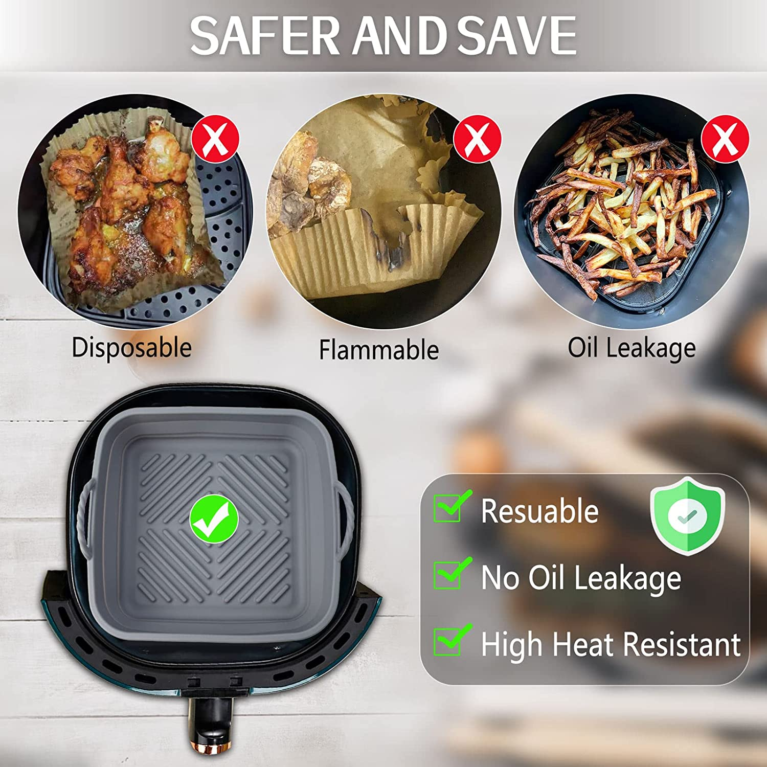 2 Pack 8.5Inch Air Fryer Silicone Liners Square Foldable, Non-Stick Air Fryer Silicone Baking Tray, Heat Resistant Air Fryer Silicone Basket for 5 to 8 QT Air Fryer Oven Microwave Accessories image number 3