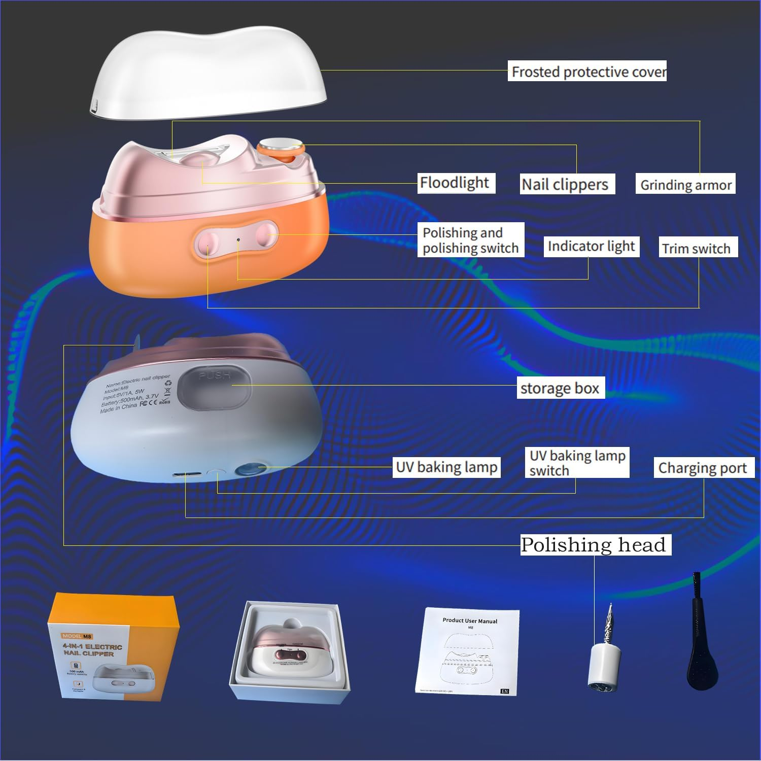 4 in 1 Automatic Electric Nail Clipper & Polisher with Built-In Storage, LED Light, 2 Speeds &ndash; Toenail Trimmer for Baby/Seniors, Ideal Gift for Family and Friends (Grey) - Orange image number 3
