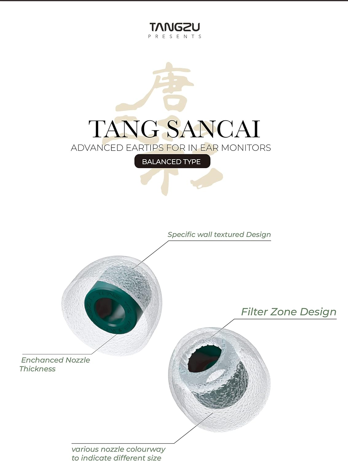Linsoul TANGZU Tang Sancai in Ear Monitor Ear Plugs, 3 Pairs, Matte Texture Straight Tooth Grooves Eartips for Iems, In-Ear Earphone, Audiophile Musician (S/M/L) image number 2
