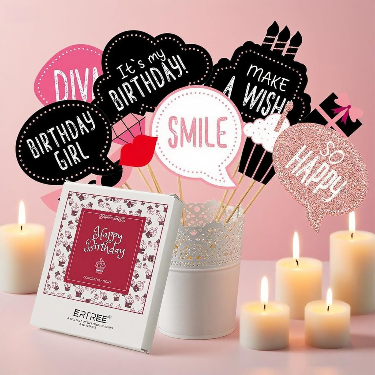 Jeyzuroa 30 Pieces Birthday Photo Booth Props Kit - Happy Birthday Party Favors Supplies & Decorations for Women and Girls' Birthday Party, Set with Real Glitter Cute, Easy to Assemble (Rose Gold) image number 3