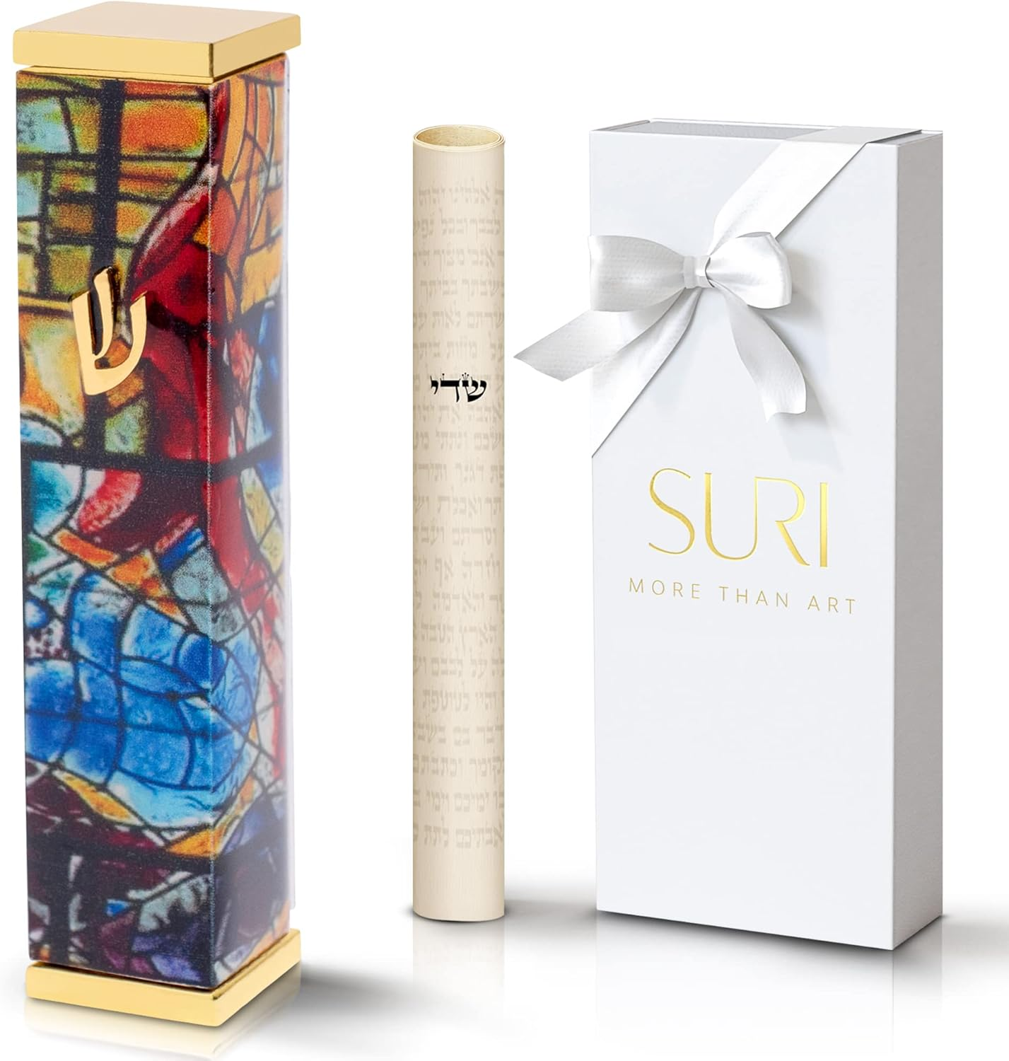SURI Mezuzah for Door with Printed Scroll inside | 4" Modern Mezuzah Case with Yellow Chagall Design, 24K Gold-Plated Aluminum | Jewish Gift from Israel, Includes Adhesive - Blue  Gold image number 6