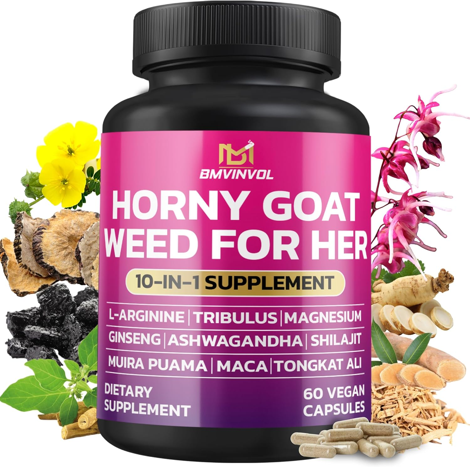 10-In-1 Horny Goat Weed for Her - Maca, Ashwagandha, Magnesium Glycinate, Tongkat Ali, Muira Puama, Ginseng, Shilajit, Tribulus Terrestris - 60 Capsules image number 4