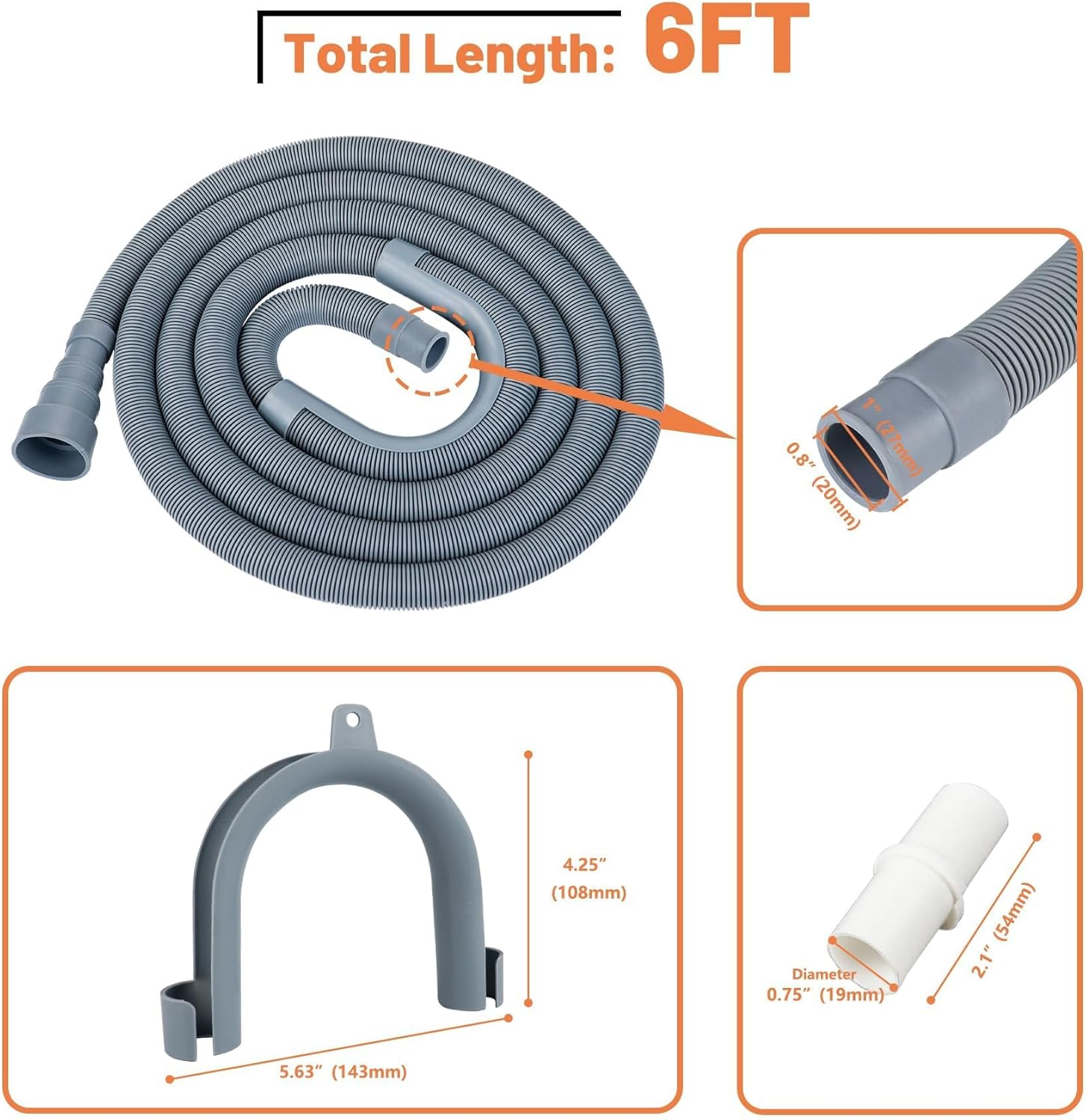 Emapoy Washing Machine Drain Hose, Multiple Diameter Design Washing Machine Drain Hose, 6 Ft Flexible Drain Hose, Extension Kit, Corrugated Washer Discharge Hose image number 3