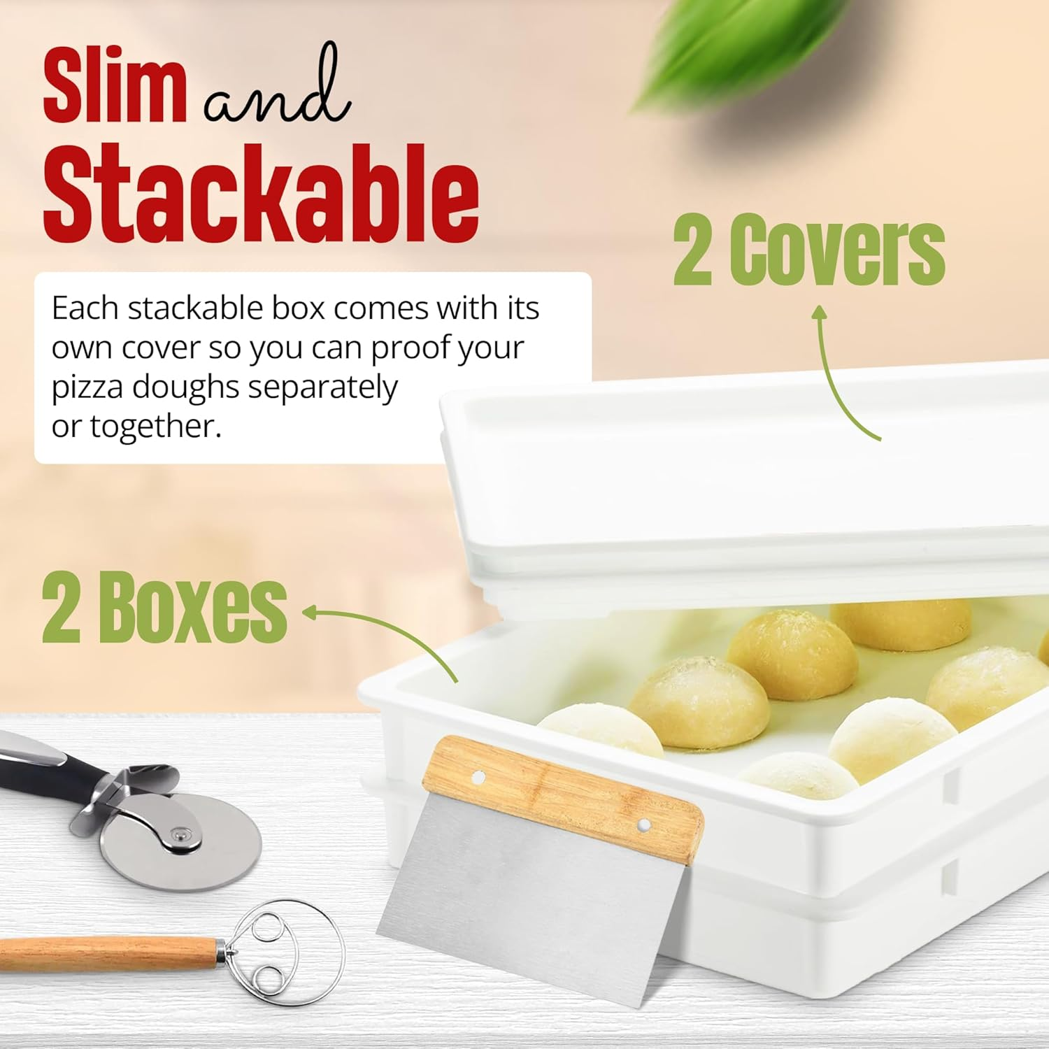 YAANI Pizza Proofing Box Set, Pack of 2 Stackable Bread Proofing Boxes with Lids, Pizza Wheel, Dough Whisk, Dough Scraper, Perfect for Sourdough, Food Storage Containers image number 2