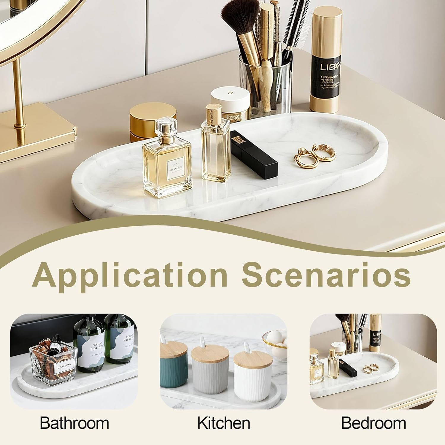 Aturalux Natural Marble Tray for Vanity (12" L X 6" W), Marble Tray with 4 Non-Slip Silicone Gaskets, Decorative Tray for Perfume, Jewelry, Kitchen & Dresser Decor - Light Beige Tray image number 4