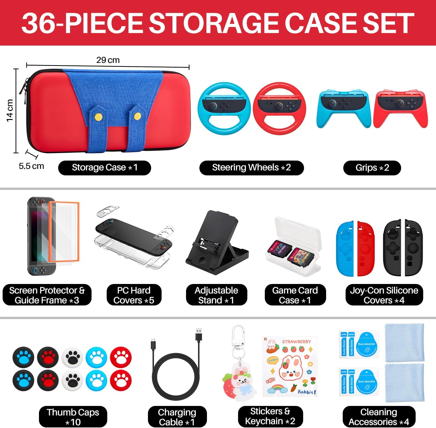 WOTOW Switch 2 Accessories Bundle Kit for Nintendo, Protective Carrying Case with Screen Protectors, Steering Wheels, Grips for Joy-Con2 and Console Protective Shells (Red + Blue) image number 4